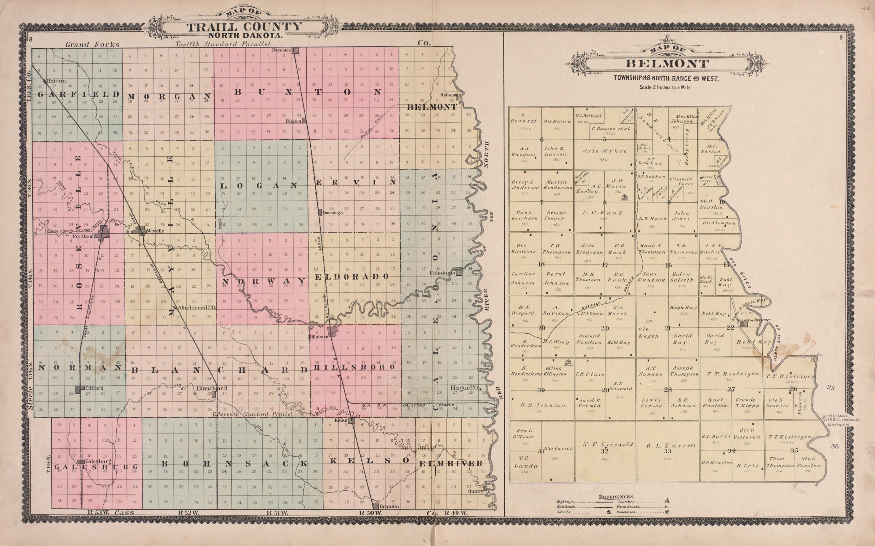 This old map of Traill County, North Dakota and Belmont from Illustrated Historical Atlas of Traill and Steele Counties, North Dakota from 1892 was created by Wm. Wangersheim & Co in 1892