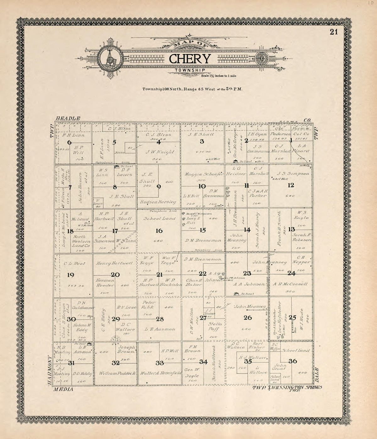 Map of Chery Township from Standard Atlas of Jerauld County, South Dakota 1909 by Relic Map Company