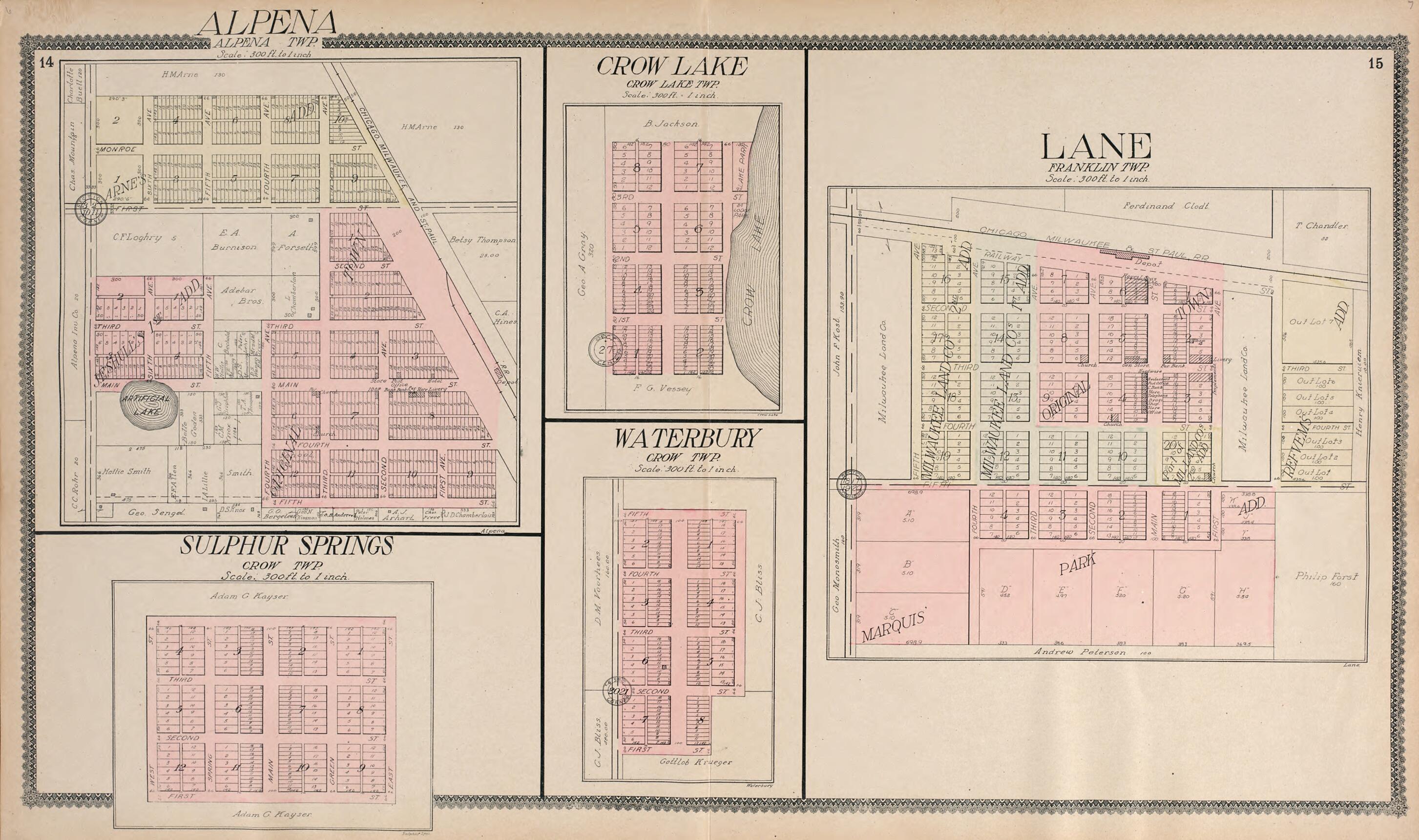 This old map of Alpena; Crow Lake; Lane; Sulphur Springs; Waterbury from Standard Atlas of Jerauld County, South Dakota from 1909 was created by Geo. A. Ogle & Co in 1909