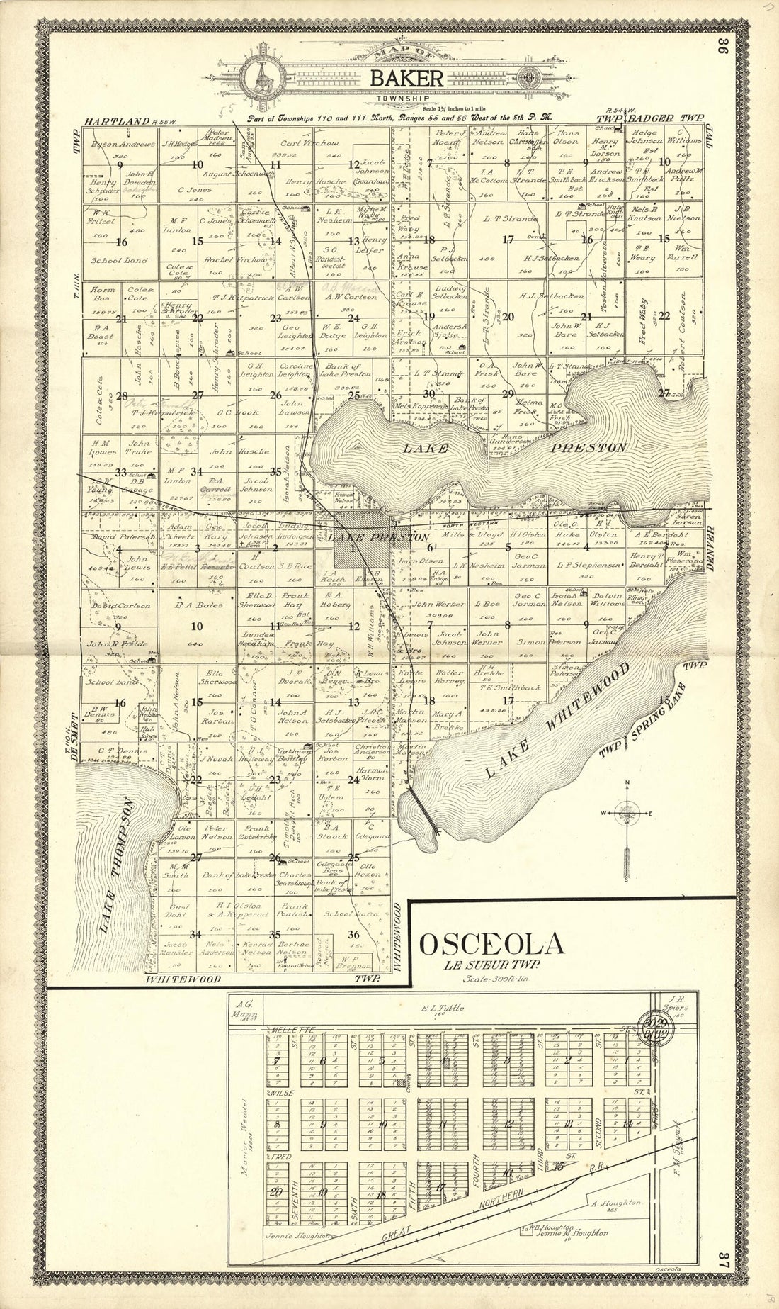 This old map of Map of Baker; Osceola from Standard Atlas of Kingsbury County, South Dakota from 1909 was created by Geo. A. Ogle & Co in 1909