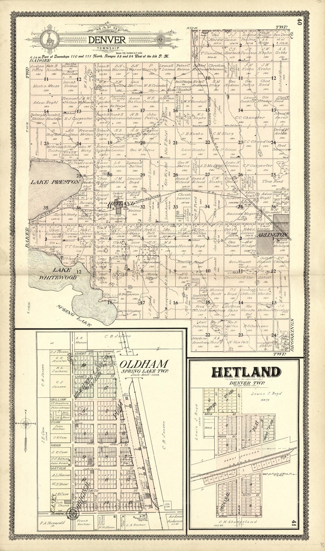 This old map of Map of Denver; Oldham; Hetland from Standard Atlas of Kingsbury County, South Dakota from 1909 was created by Geo. A. Ogle & Co in 1909