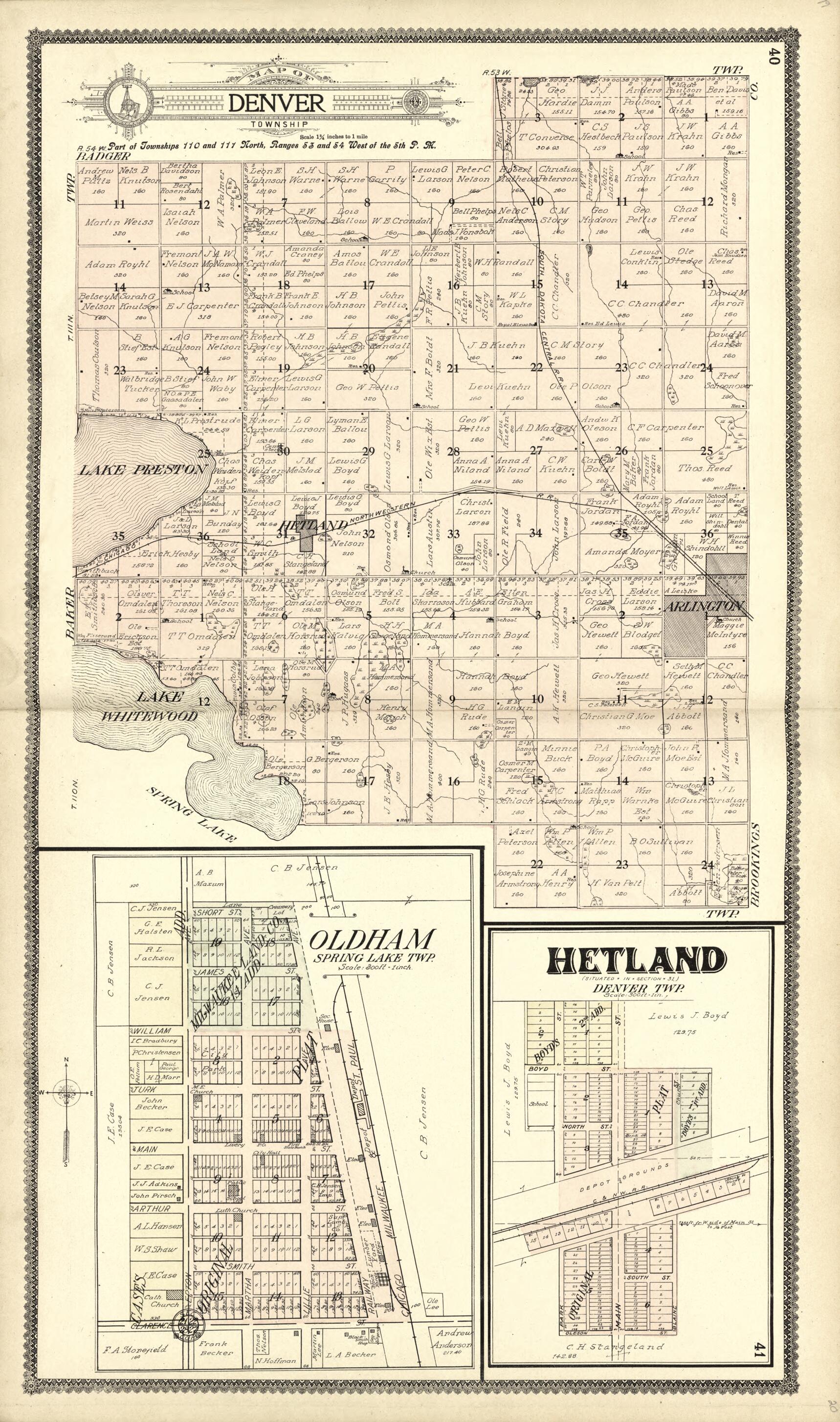 This old map of Map of Denver; Oldham; Hetland from Standard Atlas of Kingsbury County, South Dakota from 1909 was created by Geo. A. Ogle & Co in 1909