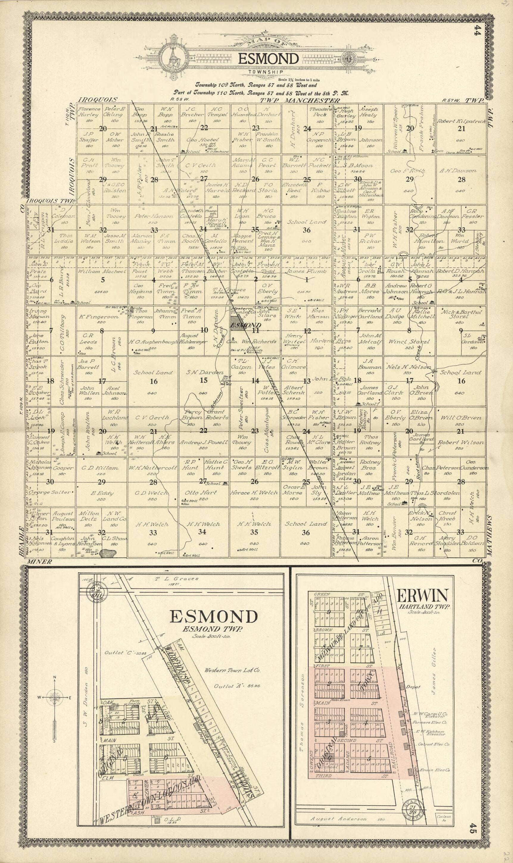 This old map of Map of Esmond; Erwin from Standard Atlas of Kingsbury County, South Dakota from 1909 was created by Geo. A. Ogle & Co in 1909
