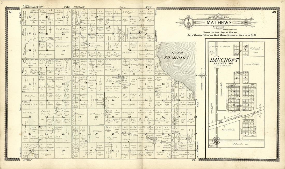This old map of Map of Mathews; Bancroft from Standard Atlas of Kingsbury County, South Dakota from 1909 was created by Geo. A. Ogle & Co in 1909