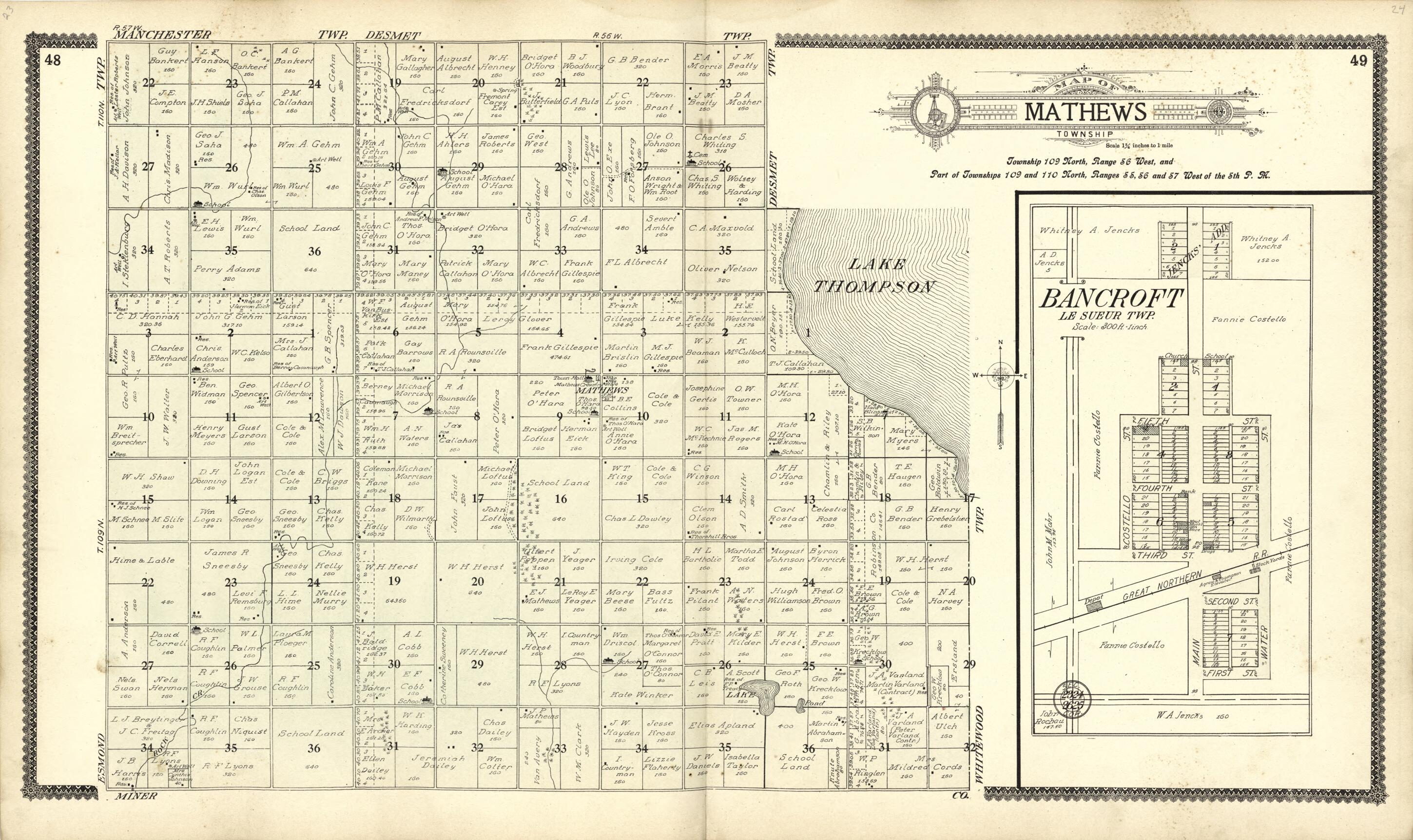 This old map of Map of Mathews; Bancroft from Standard Atlas of Kingsbury County, South Dakota from 1909 was created by Geo. A. Ogle & Co in 1909