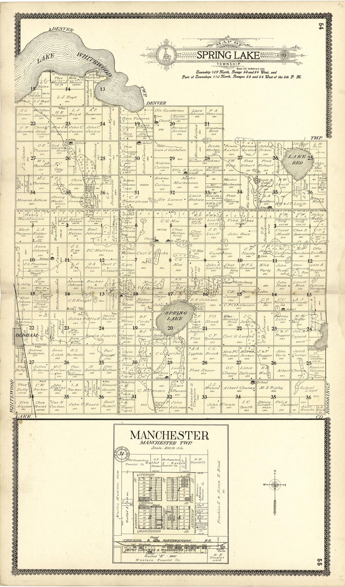 This old map of Map of Spring Lake; Manchester from Standard Atlas of Kingsbury County, South Dakota from 1909 was created by Geo. A. Ogle & Co in 1909