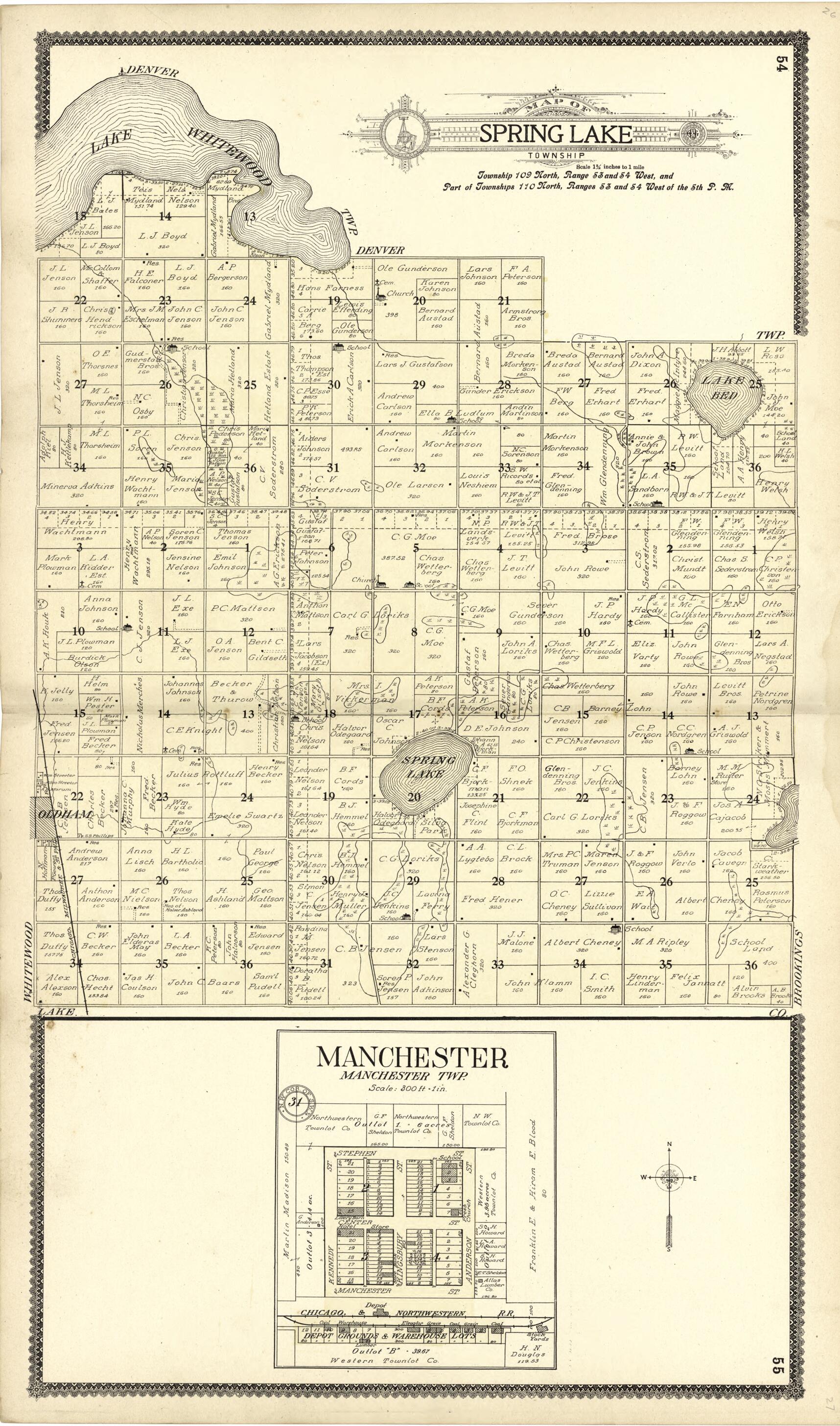 This old map of Map of Spring Lake; Manchester from Standard Atlas of Kingsbury County, South Dakota from 1909 was created by Geo. A. Ogle & Co in 1909