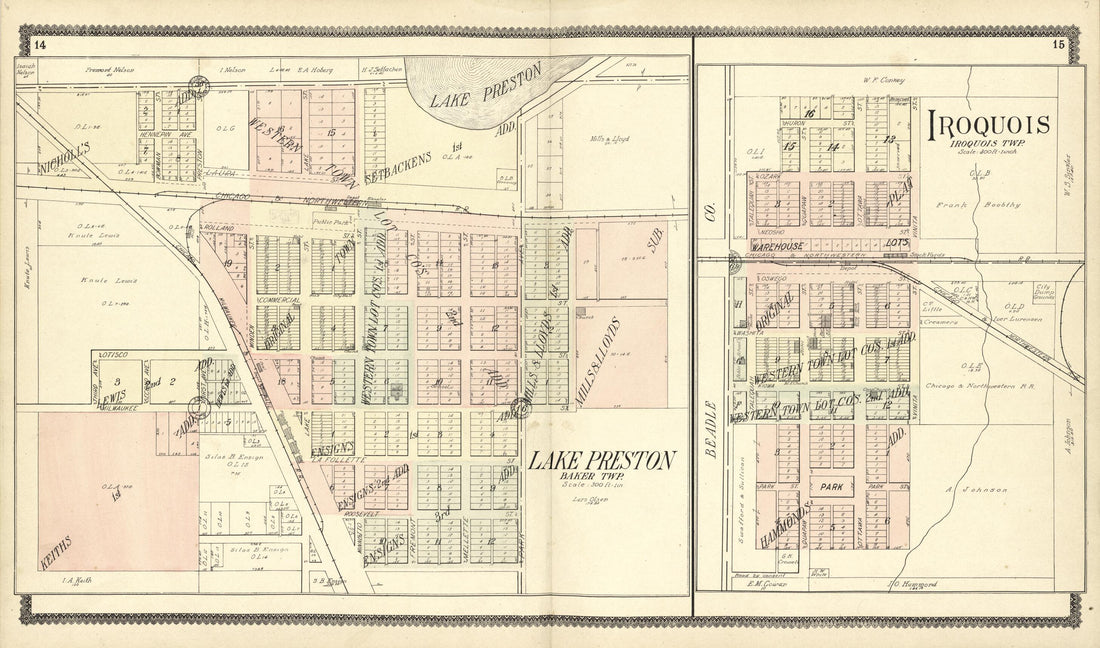 This old map of Lake Preston; Iroquois from Standard Atlas of Kingsbury County, South Dakota from 1909 was created by Geo. A. Ogle & Co in 1909