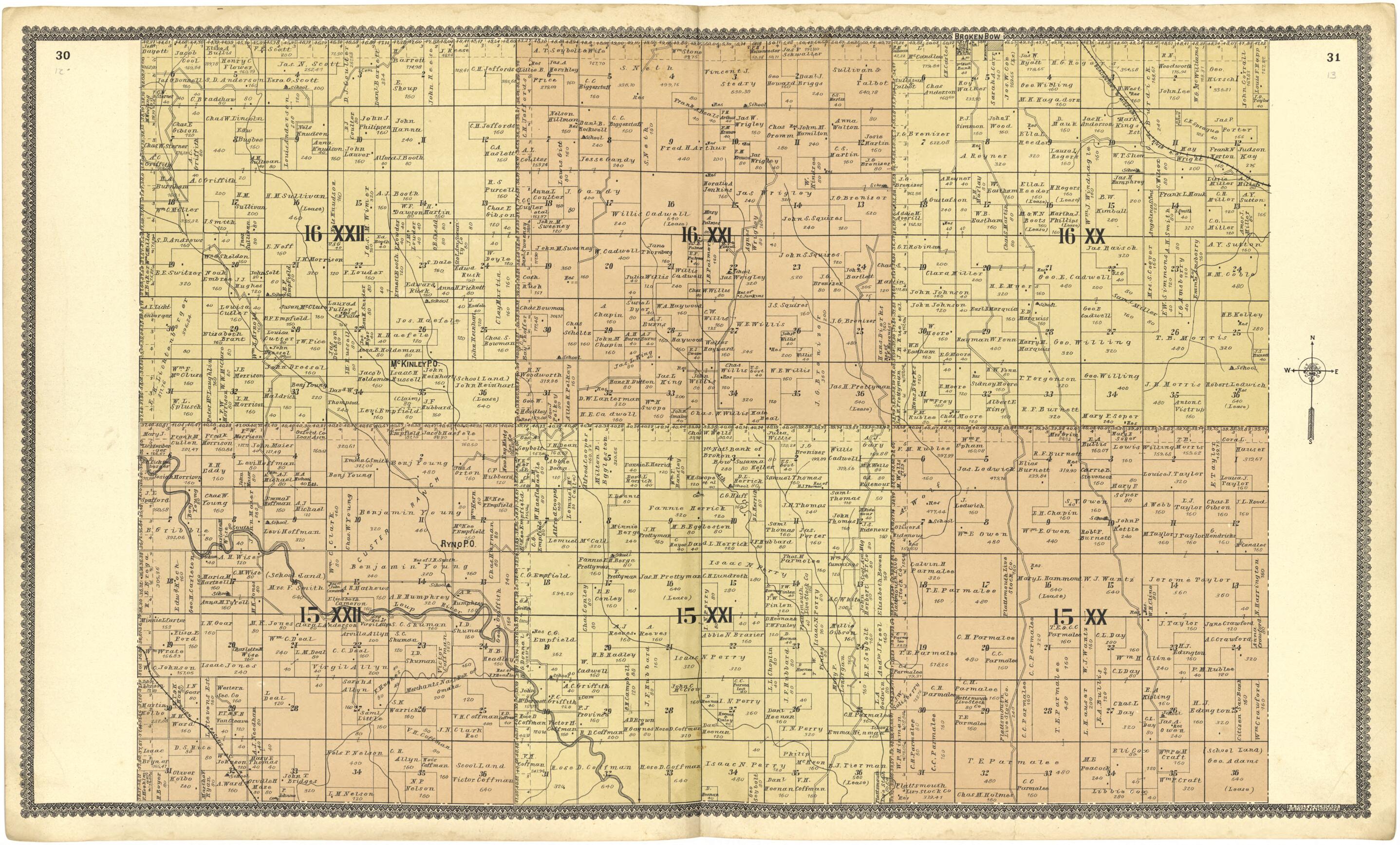 This old map of 16 XXII; 16 XXI; 16 XX; 15 XXII; 15 XXI; 15 XX from Standard Atlas of Custer County, Nebraska from 1904 was created by Geo. A. Ogle & Co in 1904