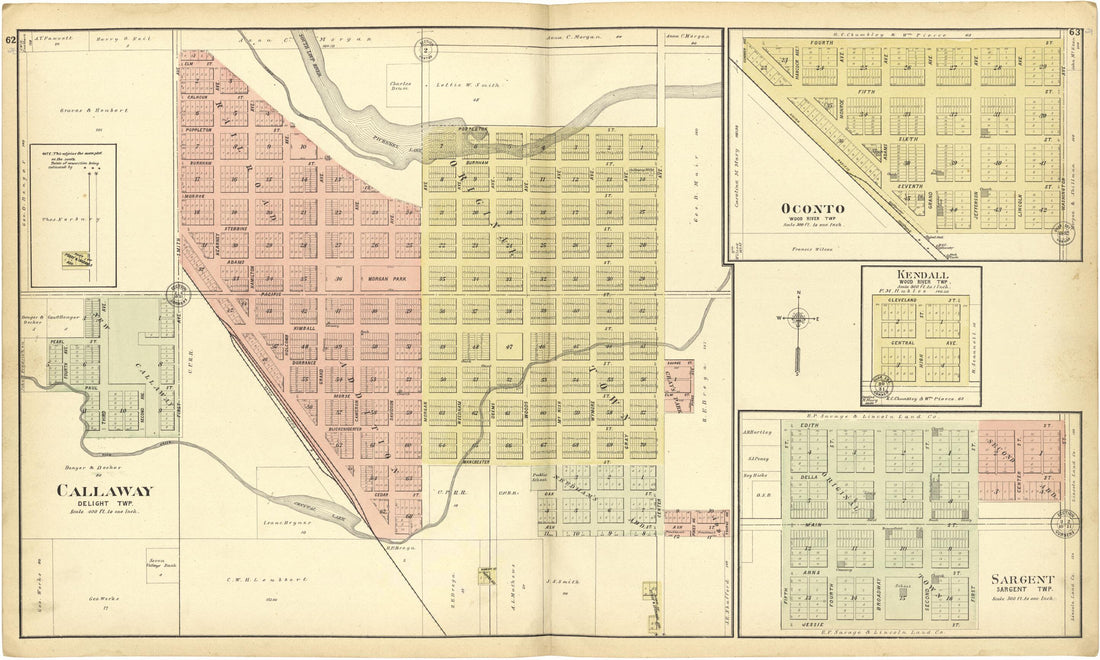 This old map of Callaway; Onconto; Kendall; Sargent from Standard Atlas of Custer County, Nebraska from 1904 was created by Geo. A. Ogle & Co in 1904