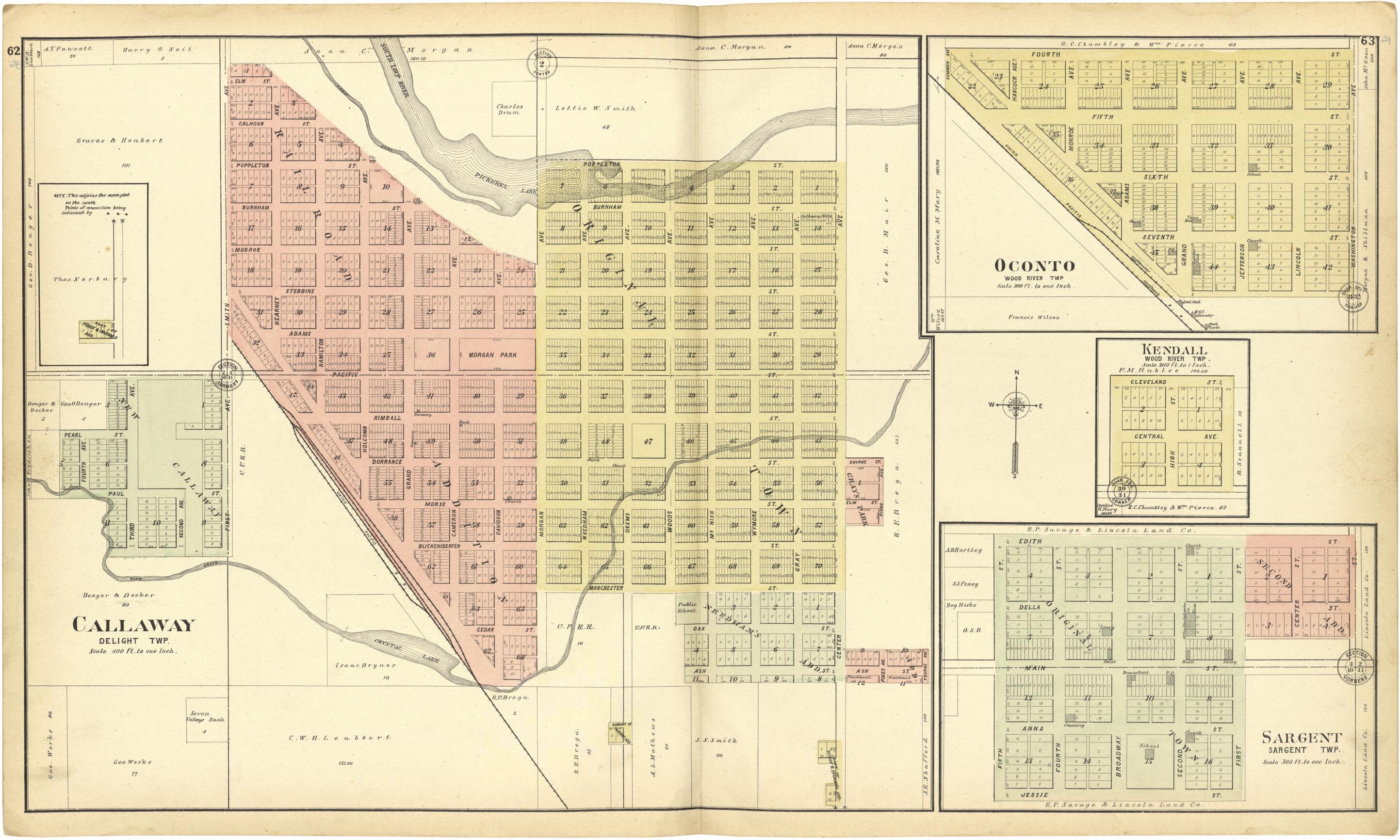 This old map of Callaway; Onconto; Kendall; Sargent from Standard Atlas of Custer County, Nebraska from 1904 was created by Geo. A. Ogle & Co in 1904