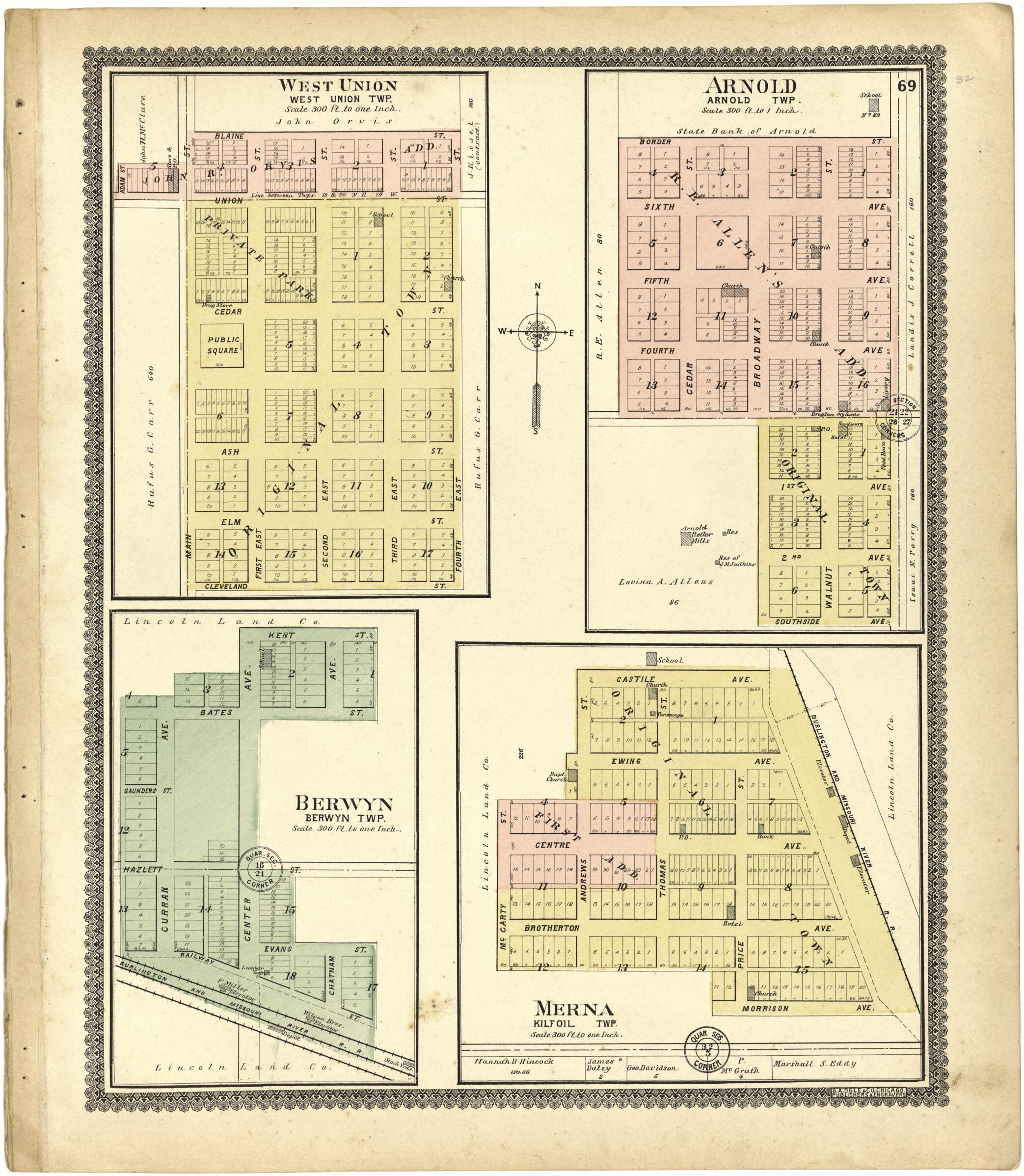 This old map of West Union; Arnold; Berwyn; Merna from Standard Atlas of Custer County, Nebraska from 1904 was created by Geo. A. Ogle & Co in 1904