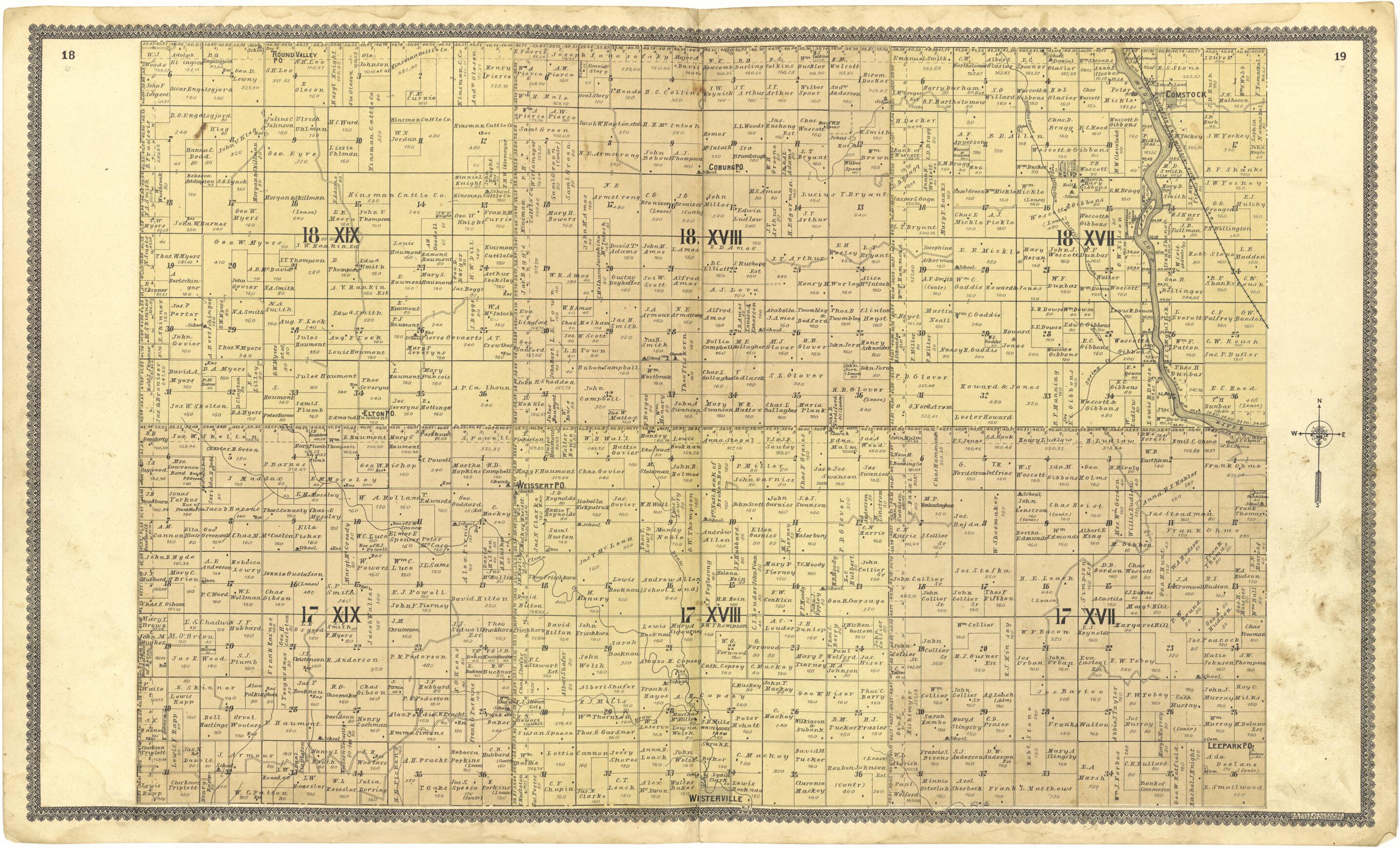 This old map of 18 XIX; 18 XVIII; 18 XVII; 17 XIX; 17 XVIII; 17 XVII from Standard Atlas of Custer County, Nebraska from 1904 was created by Geo. A. Ogle & Co in 1904