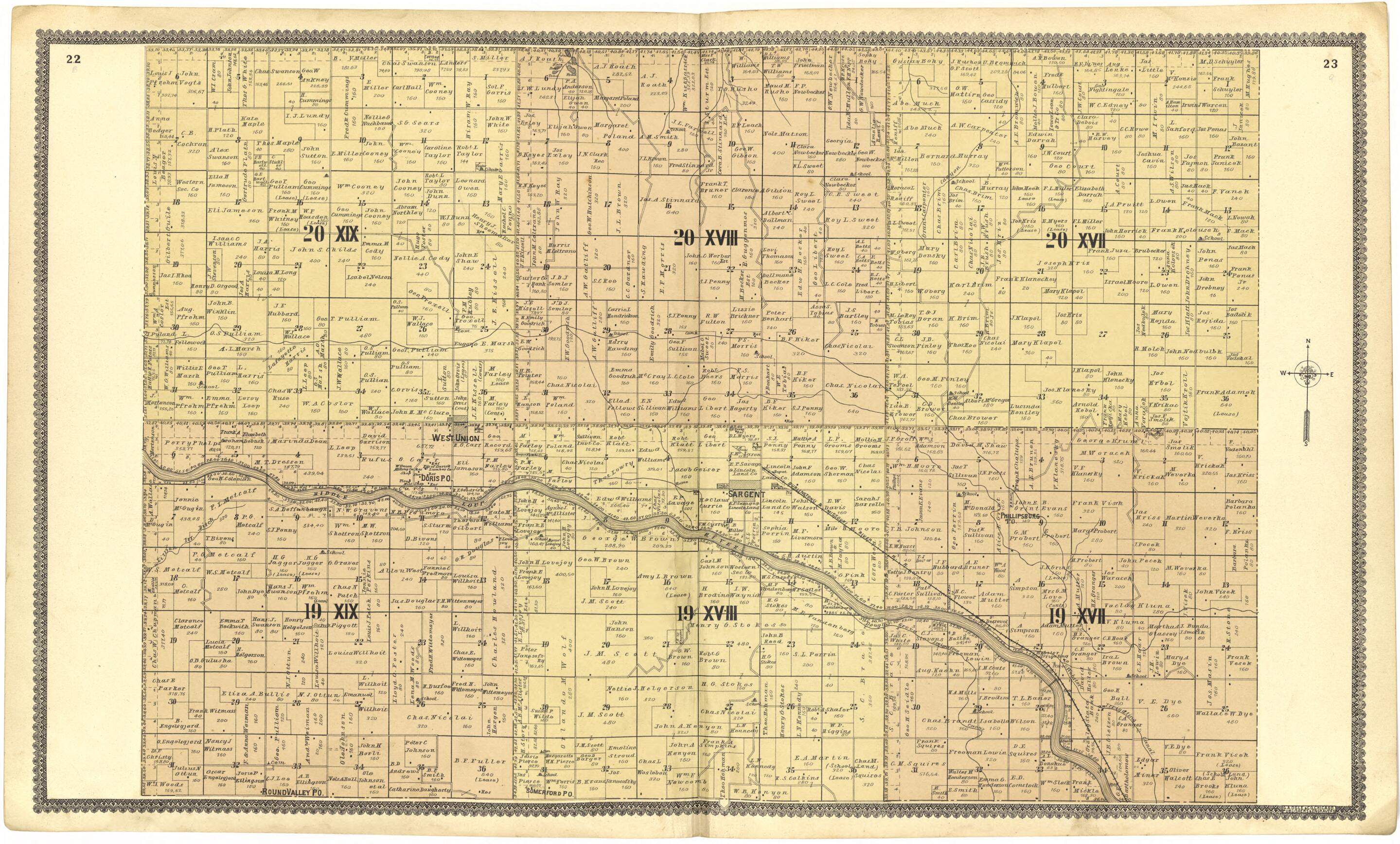 This old map of 20 XIX; 20 XVIII; 20 XVII; 19 XIX; 19 XVIII; 19 XVII from Standard Atlas of Custer County, Nebraska from 1904 was created by Geo. A. Ogle & Co in 1904