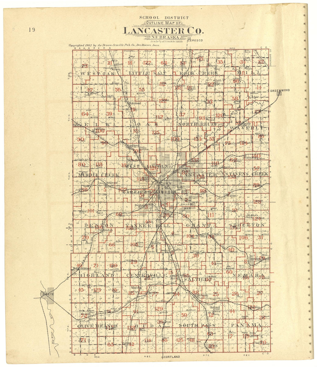 This old map of School District Outline Map of Lancaster County, Nebraska from Plat Book of Lancaster County, Nebraska from 1903 was created by Brown-Scoville Publishing Company in 1903
