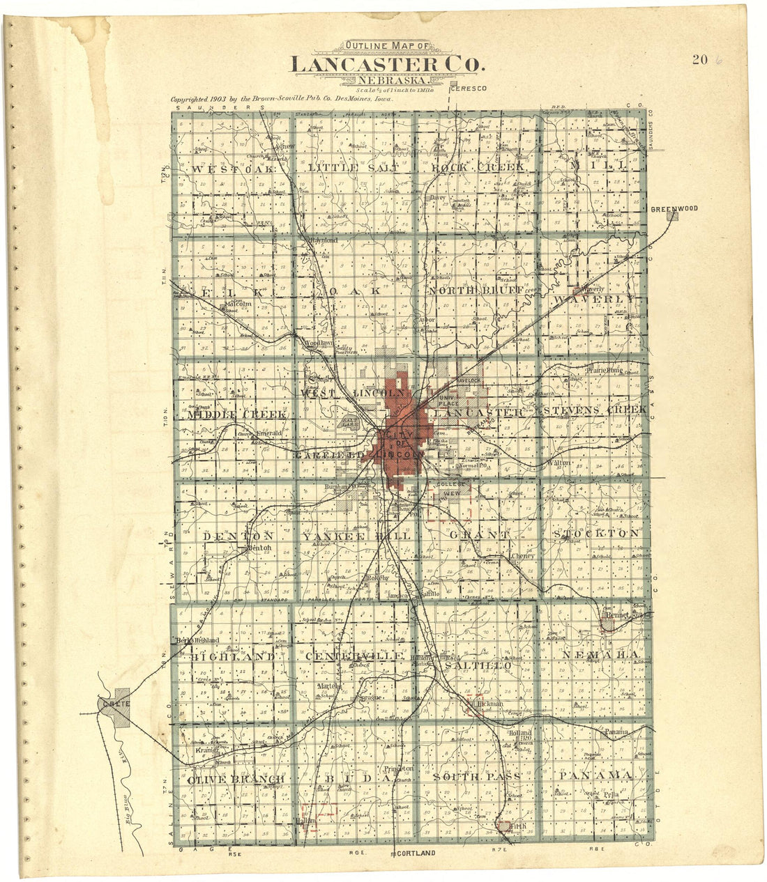 This old map of Outline Map of Lancaster County, Nebraska from Plat Book of Lancaster County, Nebraska from 1903 was created by Brown-Scoville Publishing Company in 1903