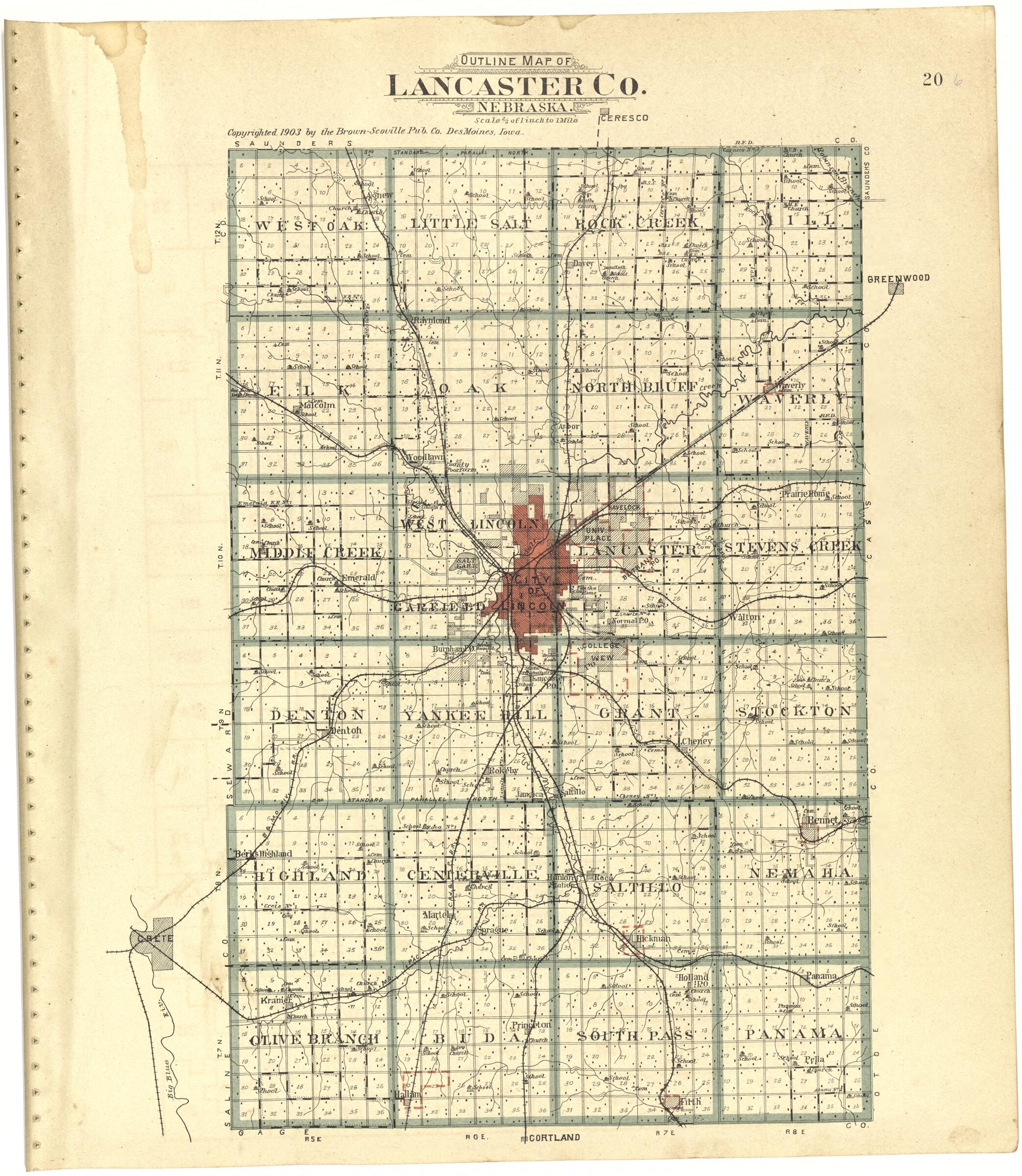 This old map of Outline Map of Lancaster County, Nebraska from Plat Book of Lancaster County, Nebraska from 1903 was created by Brown-Scoville Publishing Company in 1903