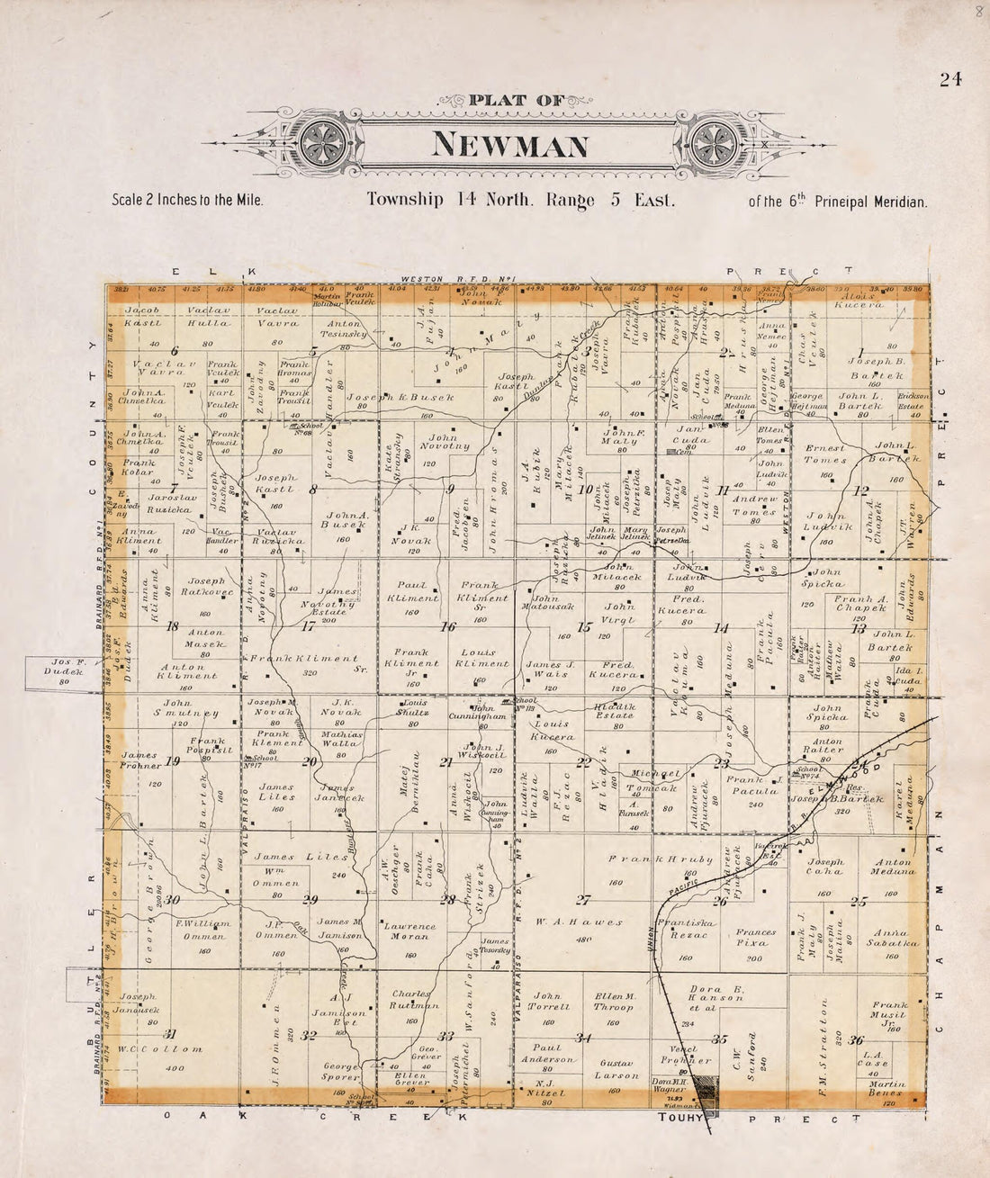 This old map of Newman from Plat Book of Saunders County, Nebraska from 1907 was created by Brown-Scoville Publishing Company in 1907