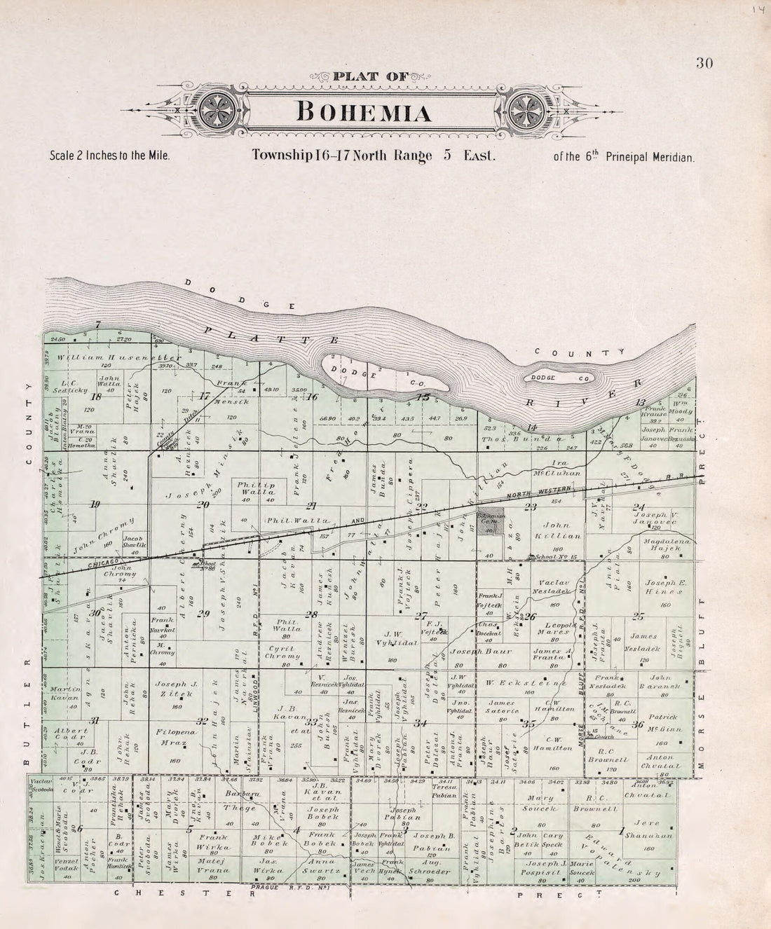 This old map of Bohemia from Plat Book of Saunders County, Nebraska from 1907 was created by Brown-Scoville Publishing Company in 1907