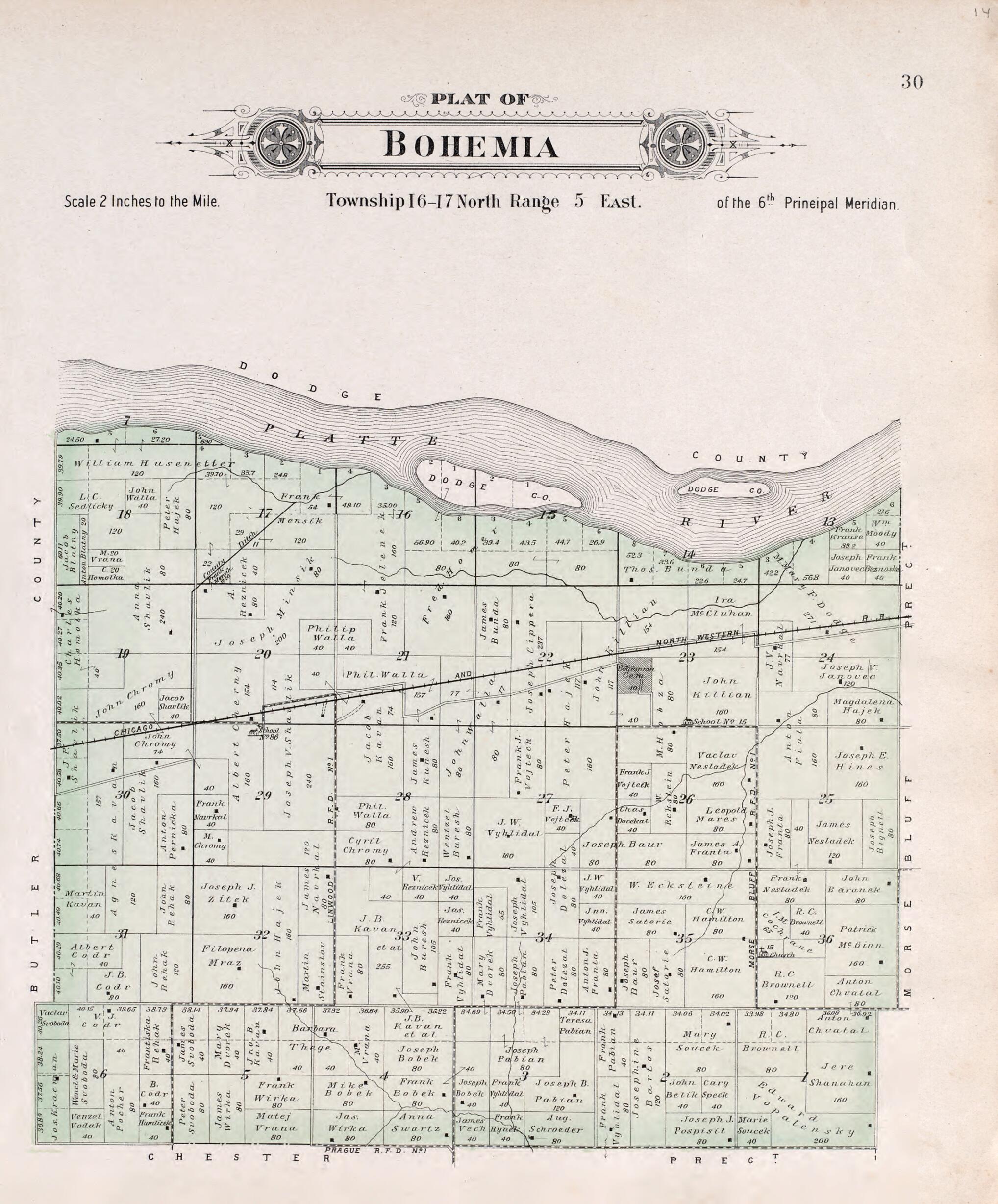 This old map of Bohemia from Plat Book of Saunders County, Nebraska from 1907 was created by Brown-Scoville Publishing Company in 1907