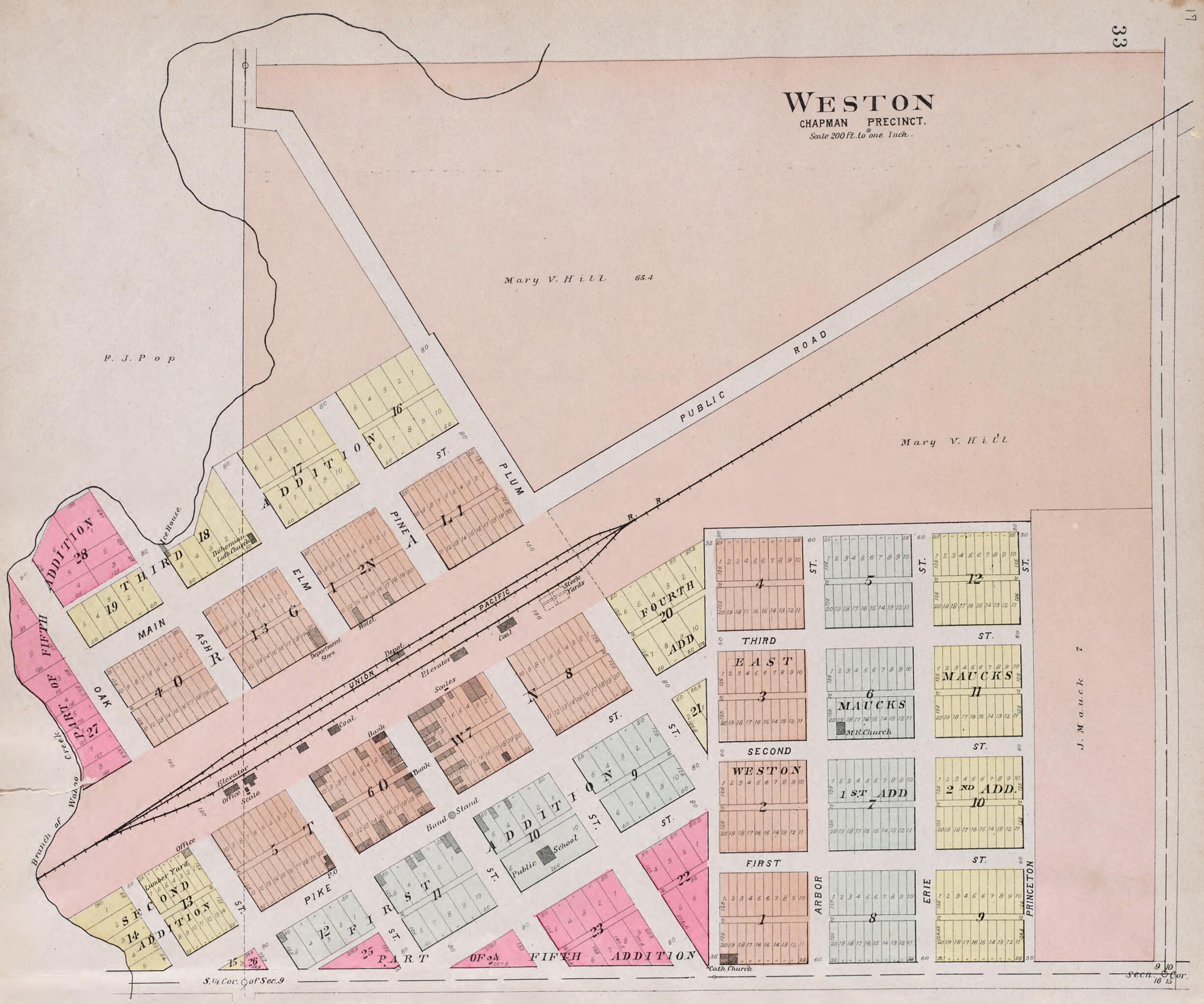 This old map of Weston from Plat Book of Saunders County, Nebraska from 1907 was created by Brown-Scoville Publishing Company in 1907