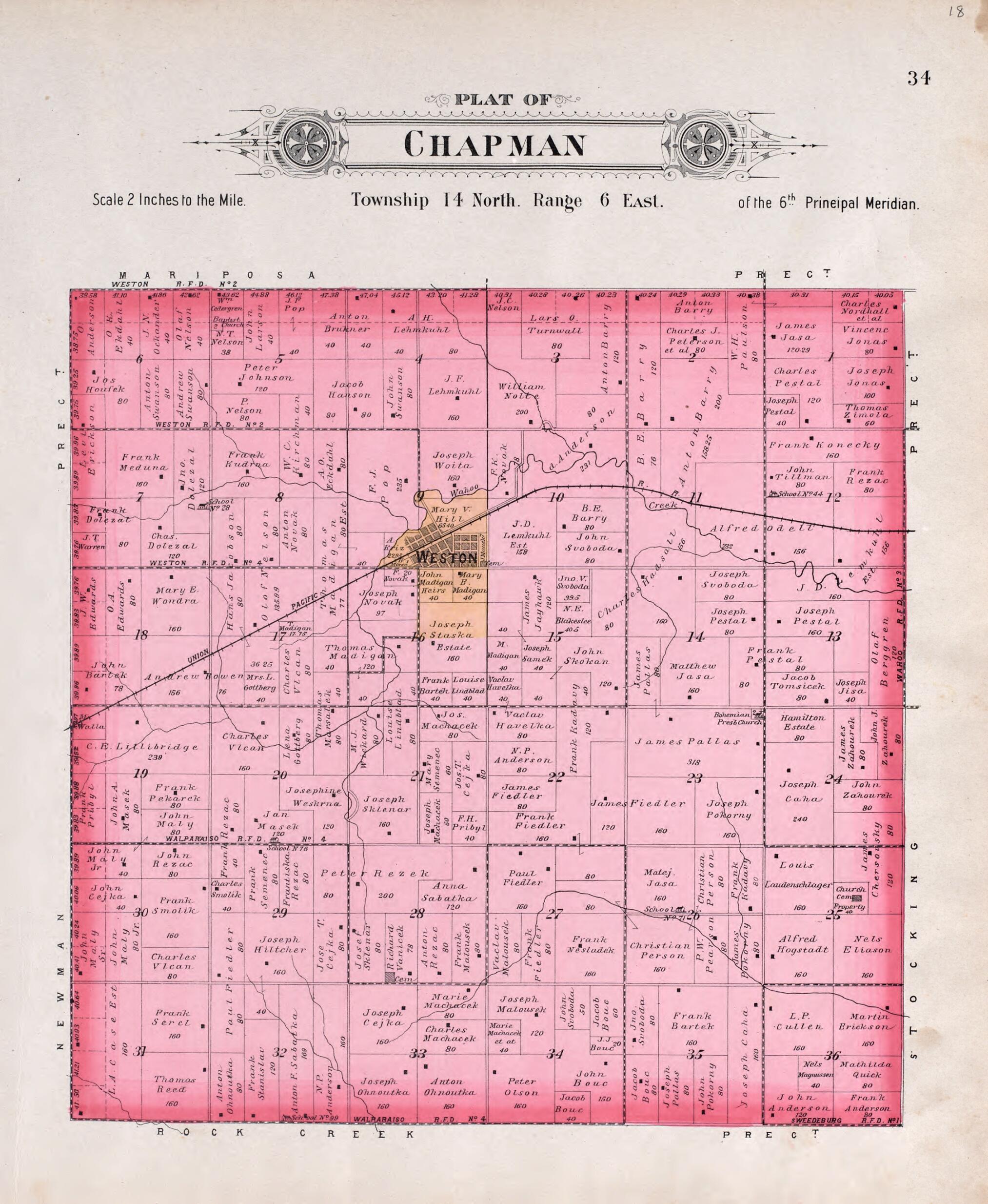 This old map of Chapman from Plat Book of Saunders County, Nebraska from 1907 was created by Brown-Scoville Publishing Company in 1907