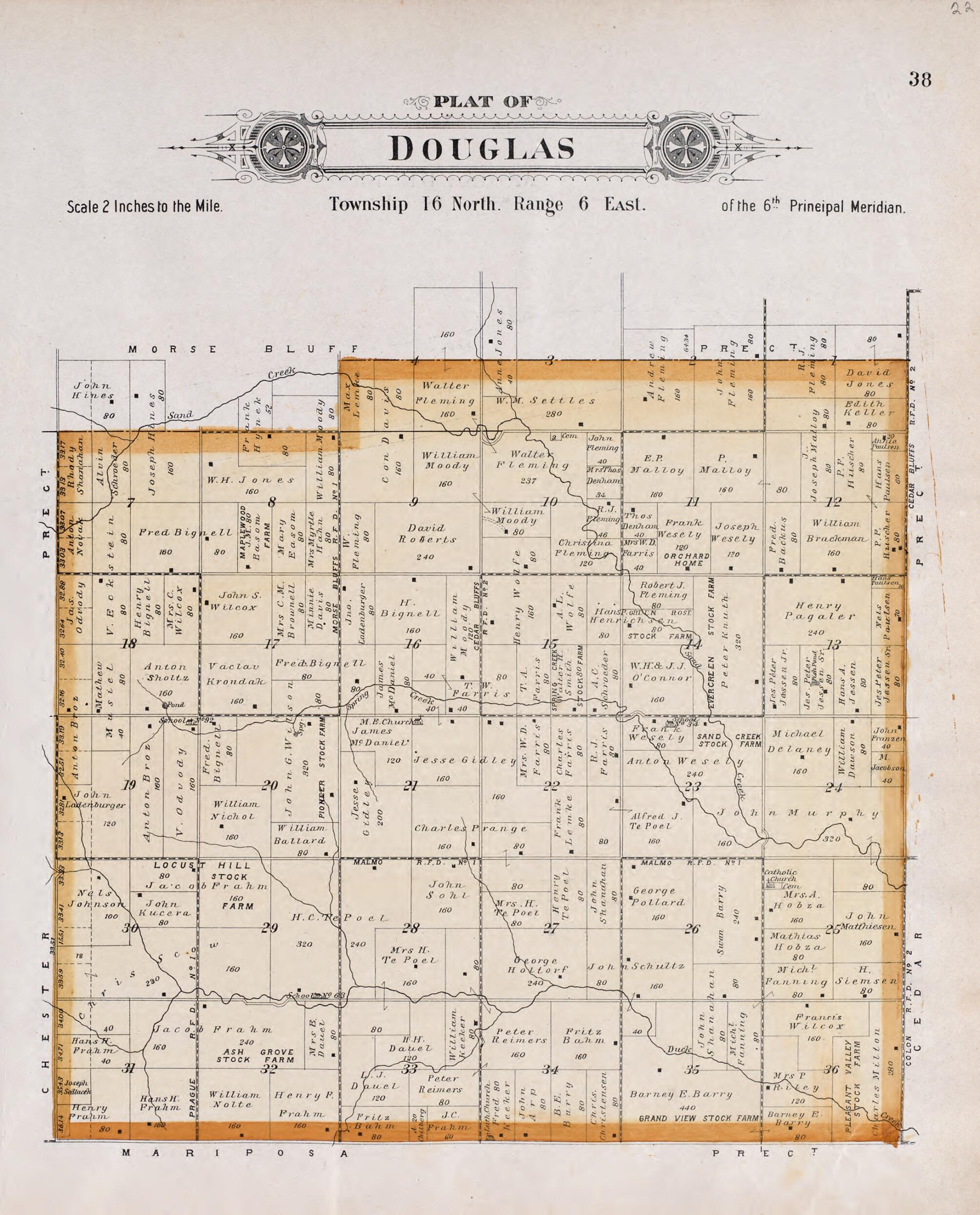 This old map of Douglas from Plat Book of Saunders County, Nebraska from 1907 was created by Brown-Scoville Publishing Company in 1907