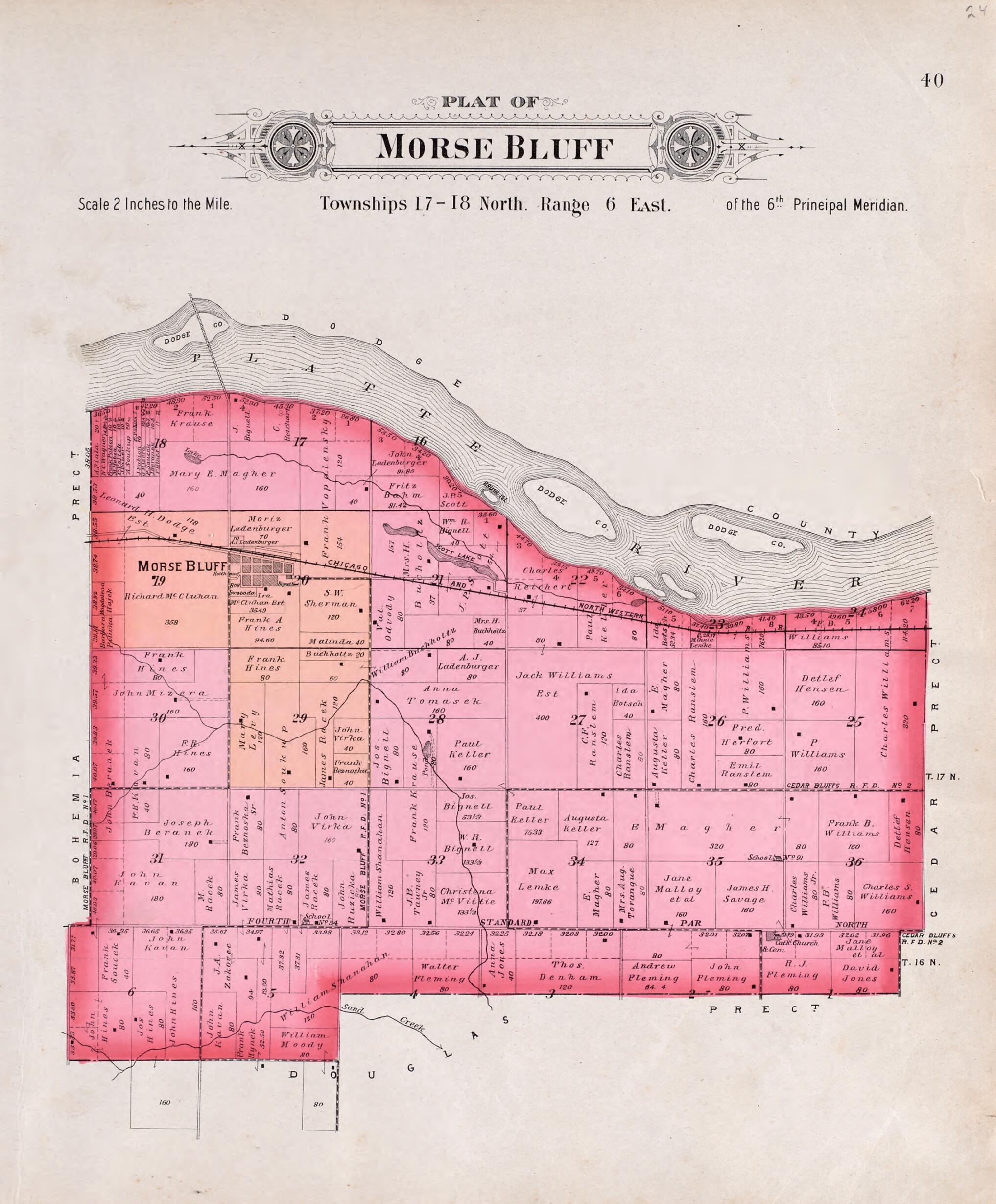 This old map of Morse Bluff from Plat Book of Saunders County, Nebraska from 1907 was created by Brown-Scoville Publishing Company in 1907