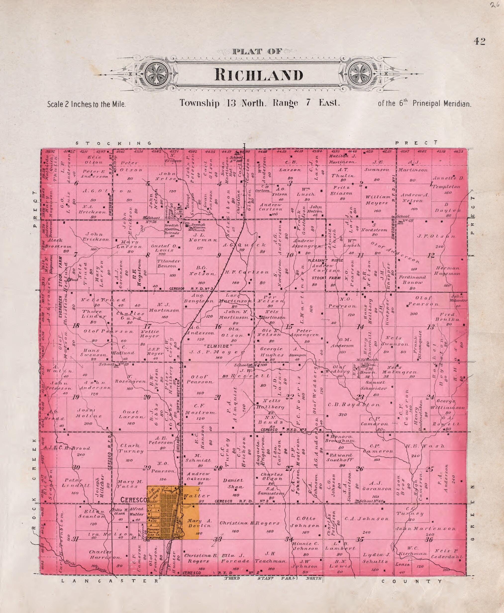 This old map of Richland from Plat Book of Saunders County, Nebraska from 1907 was created by Brown-Scoville Publishing Company in 1907