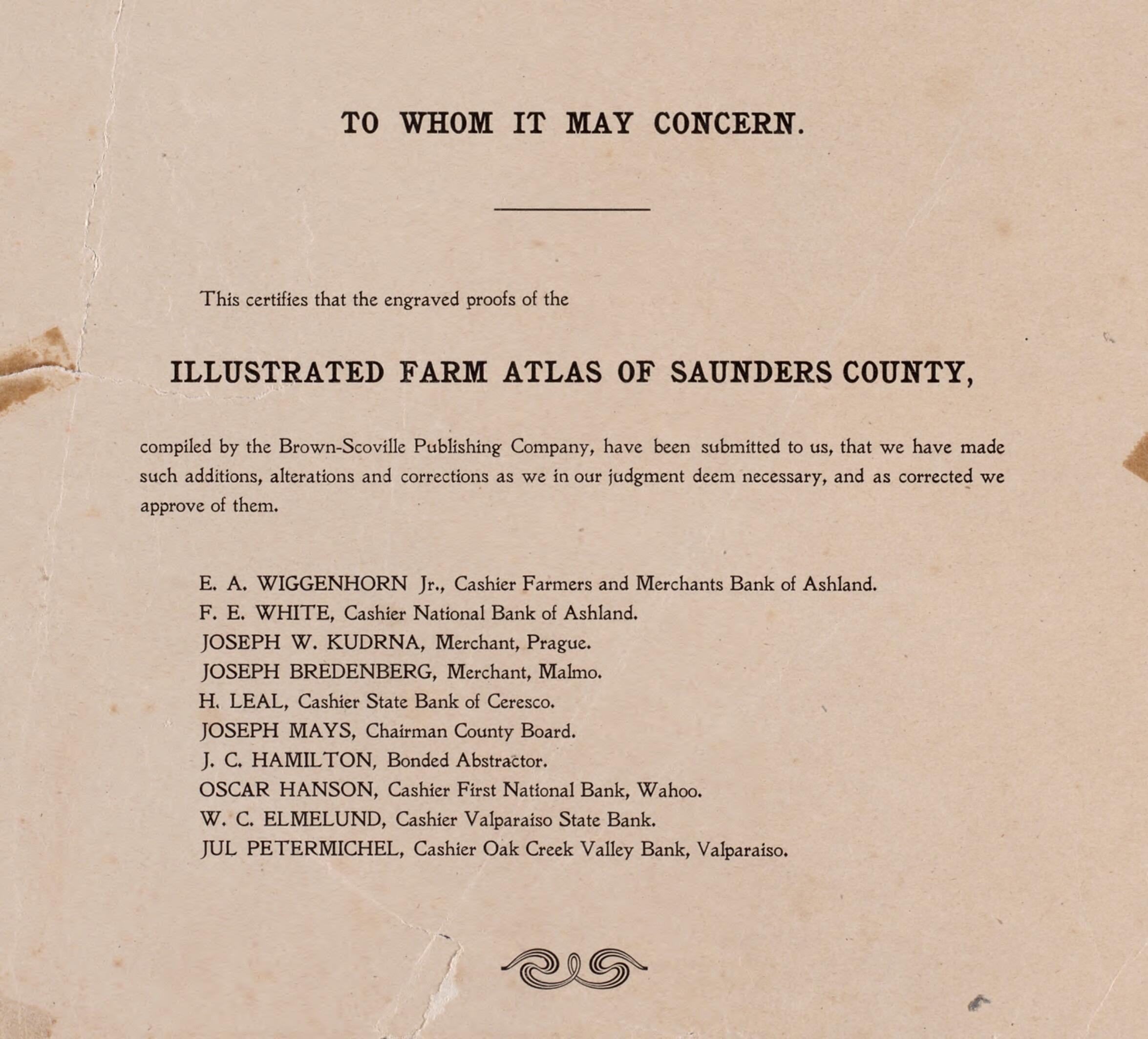 This old map of To Whom It May Concern from Plat Book of Saunders County, Nebraska from 1907 was created by Brown-Scoville Publishing Company in 1907