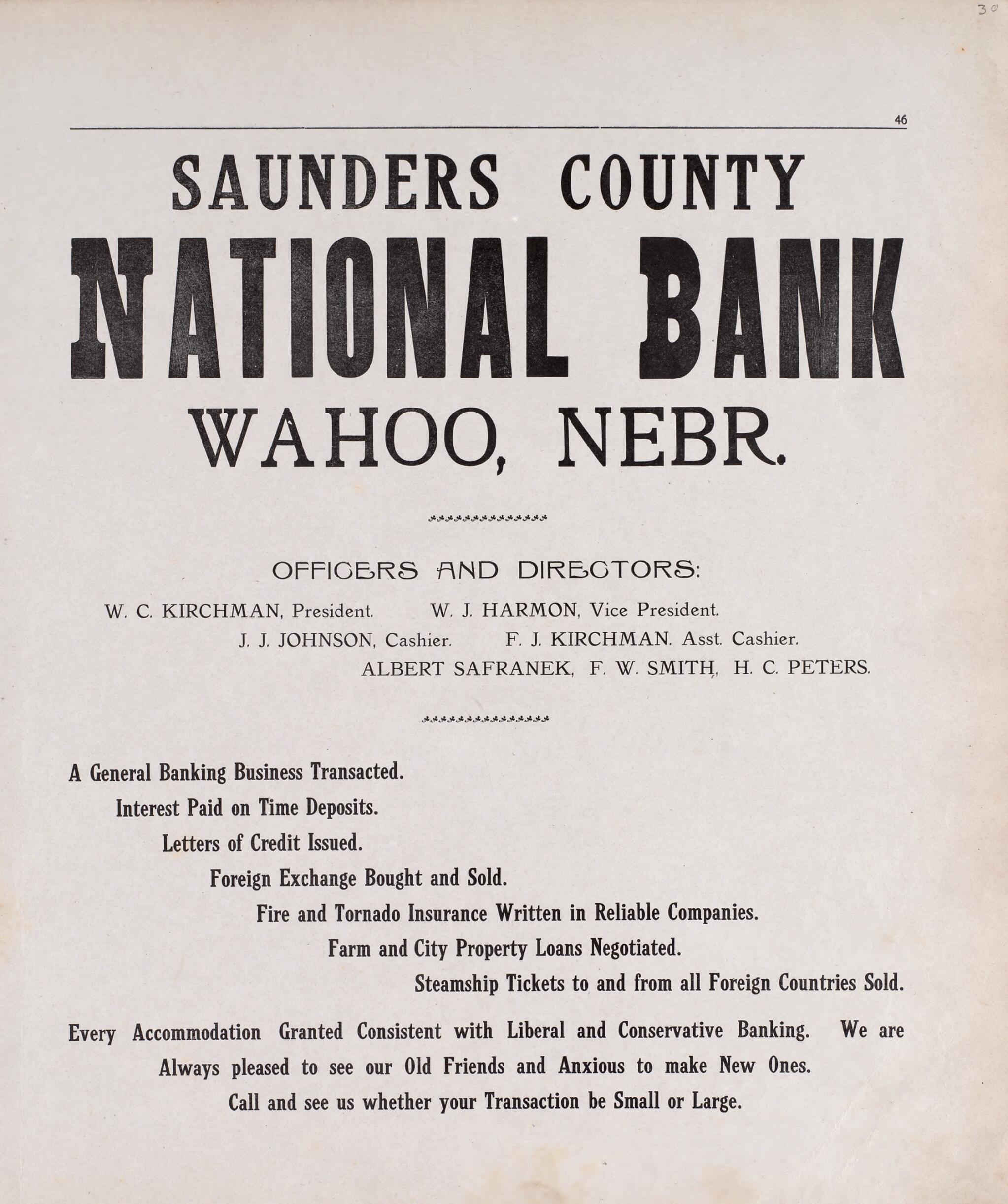 This old map of Saunders Co. National Bank, Wahoo, NE from Plat Book of Saunders County, Nebraska from 1907 was created by Brown-Scoville Publishing Company in 1907