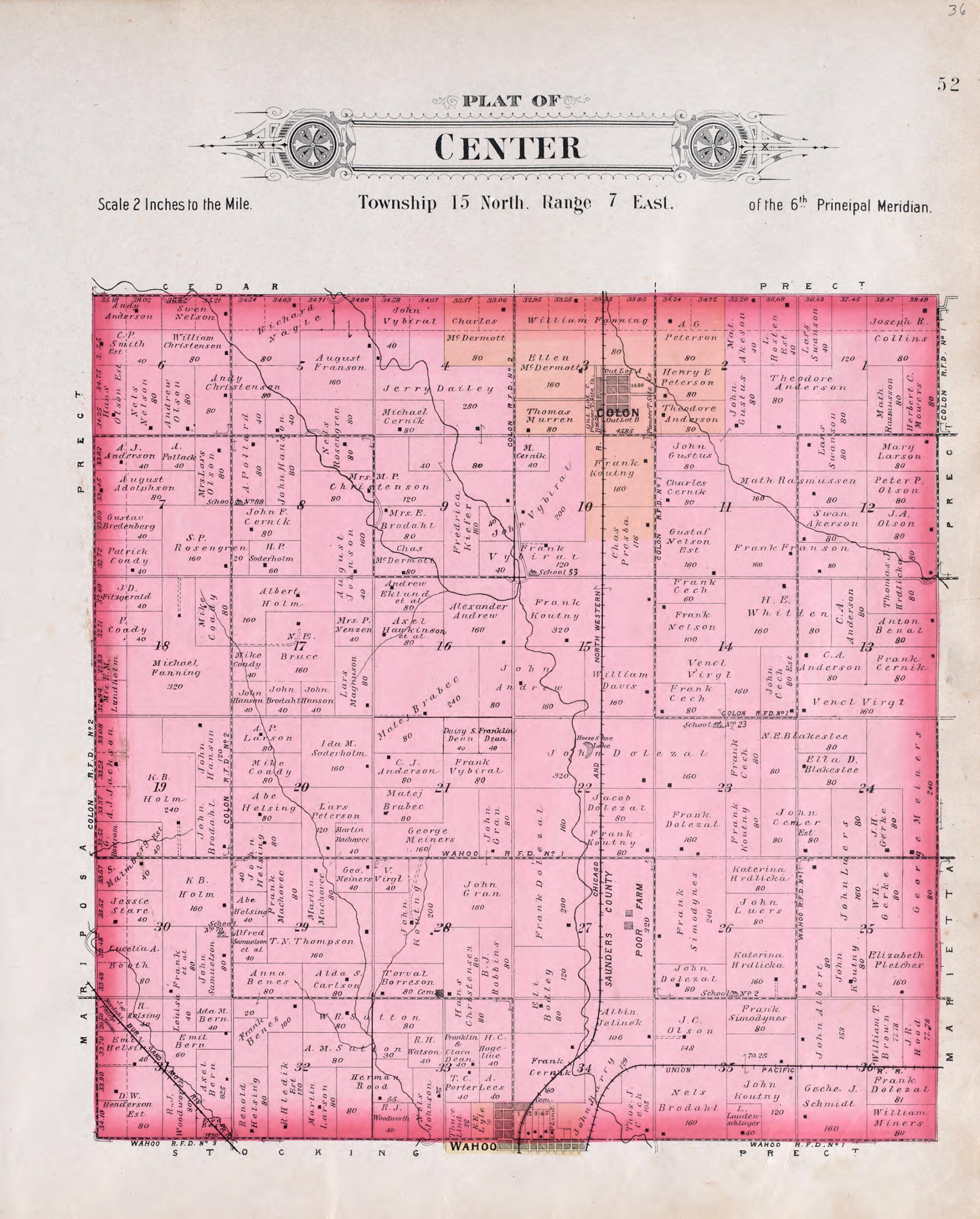 This old map of Center from Plat Book of Saunders County, Nebraska from 1907 was created by Brown-Scoville Publishing Company in 1907