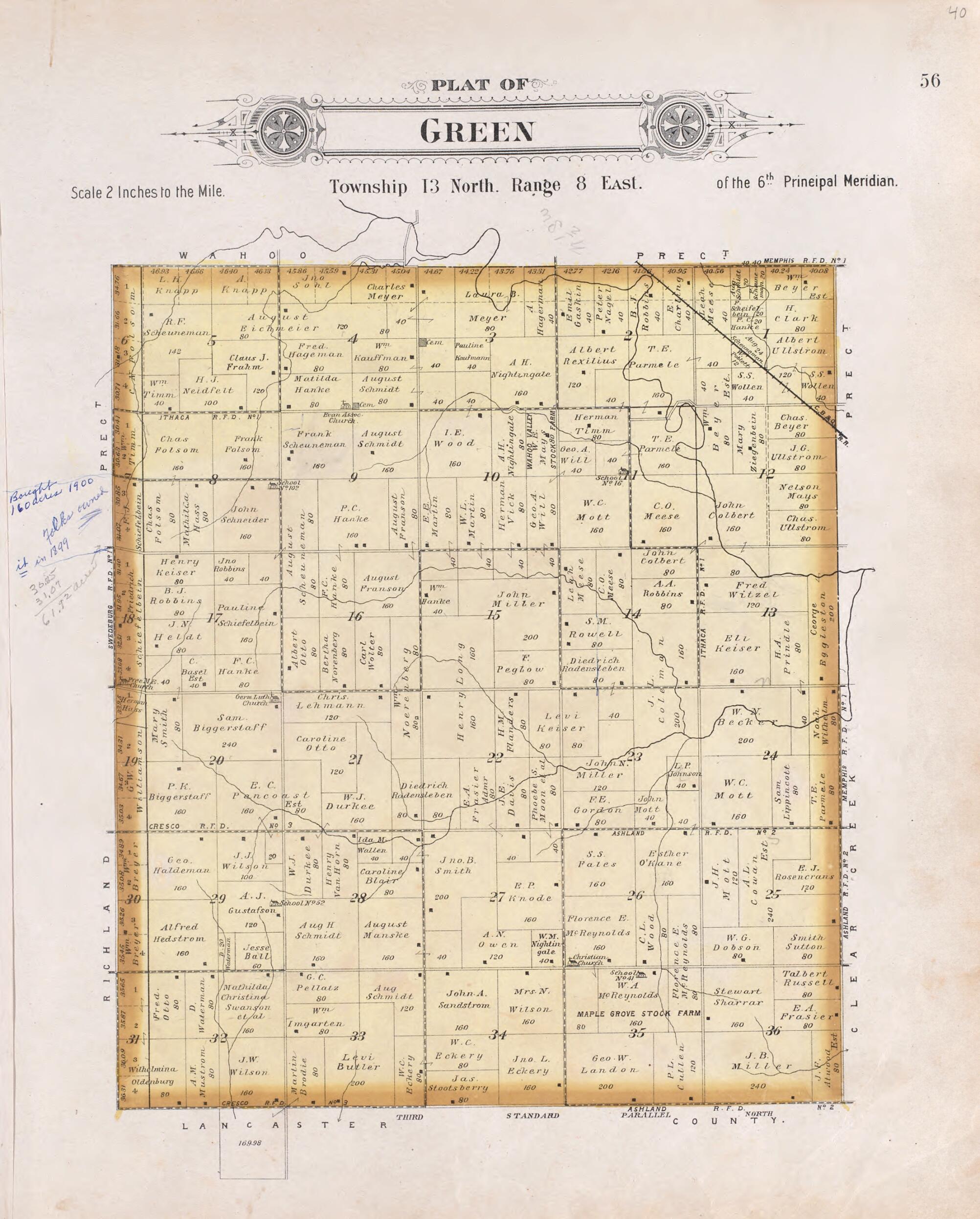 This old map of Green from Plat Book of Saunders County, Nebraska from 1907 was created by Brown-Scoville Publishing Company in 1907