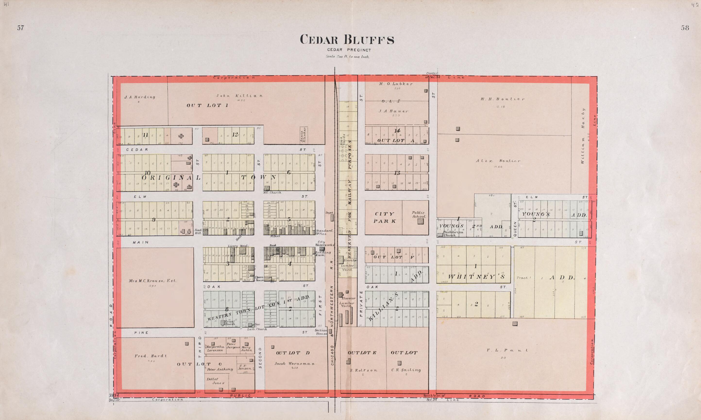 This old map of Cedar Bluffs from Plat Book of Saunders County, Nebraska from 1907 was created by Brown-Scoville Publishing Company in 1907