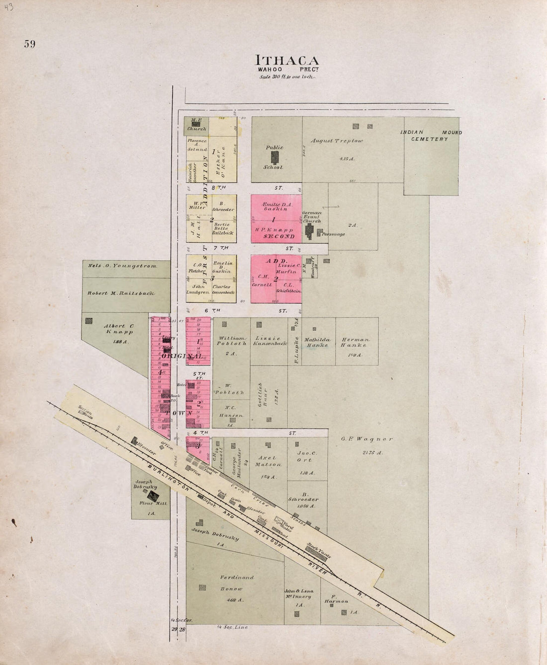 This old map of Ithaca from Plat Book of Saunders County, Nebraska from 1907 was created by Brown-Scoville Publishing Company in 1907