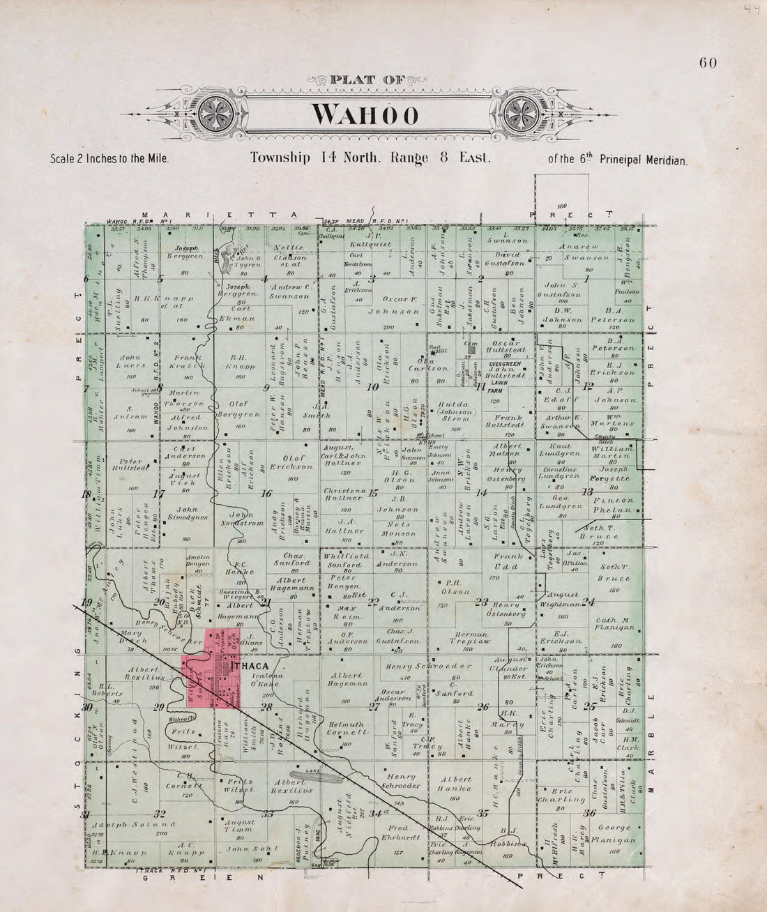 This old map of Wahoo from Plat Book of Saunders County, Nebraska from 1907 was created by Brown-Scoville Publishing Company in 1907