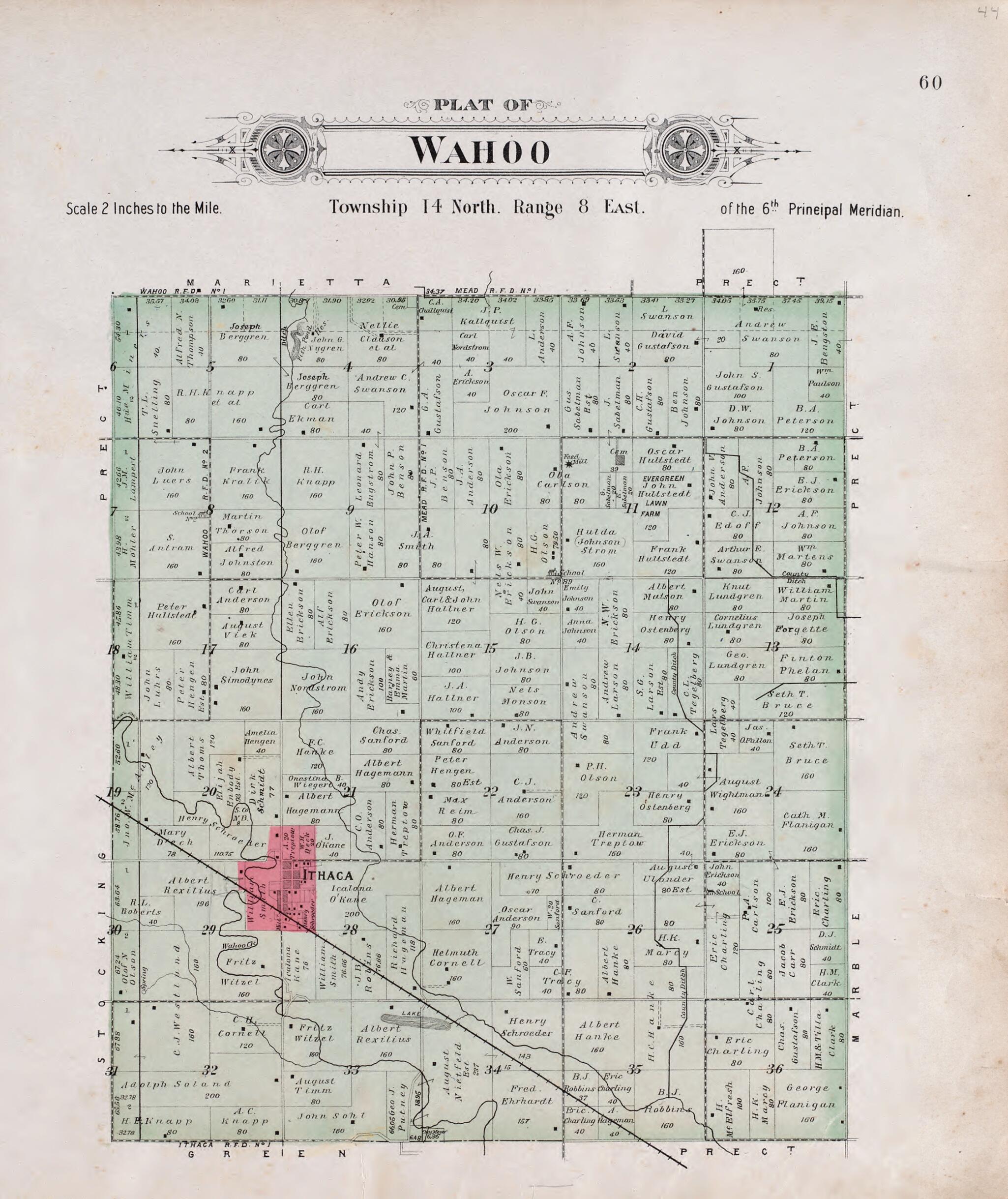 This old map of Wahoo from Plat Book of Saunders County, Nebraska from 1907 was created by Brown-Scoville Publishing Company in 1907