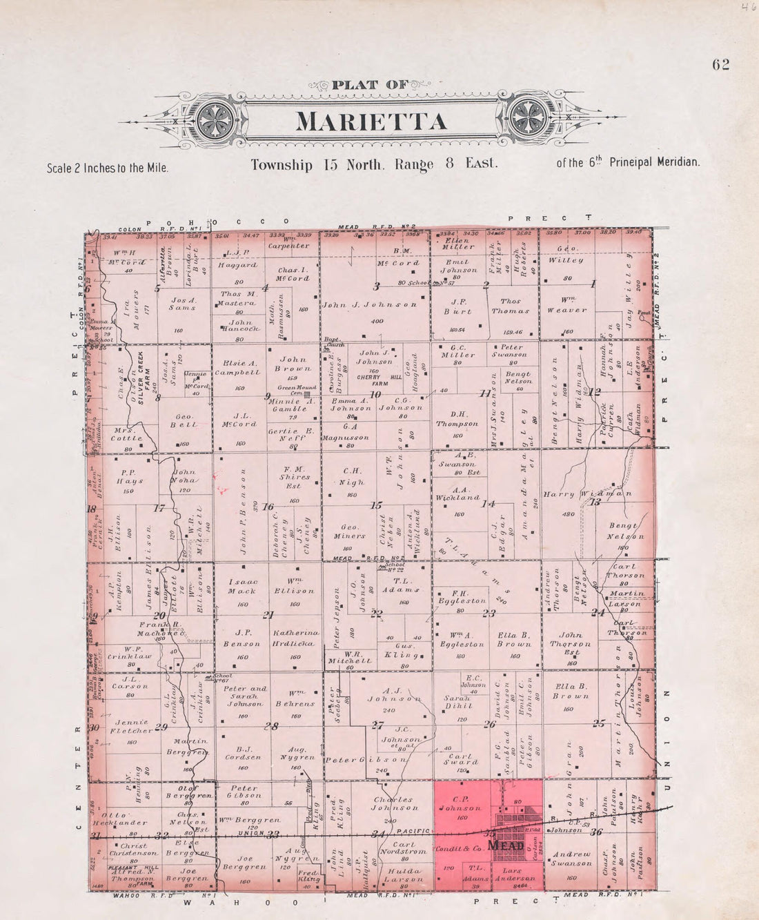 This old map of Marietta from Plat Book of Saunders County, Nebraska from 1907 was created by Brown-Scoville Publishing Company in 1907