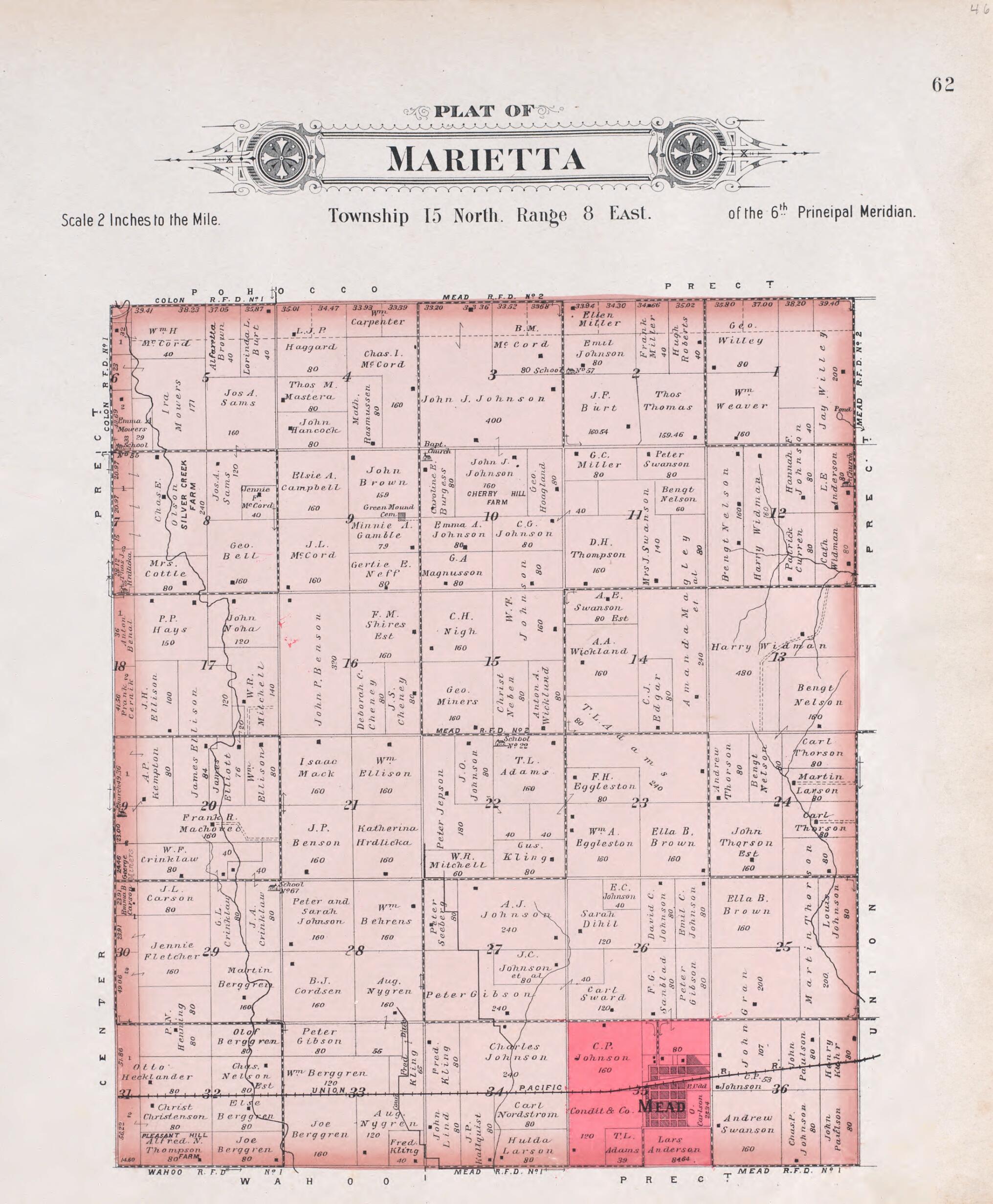This old map of Marietta from Plat Book of Saunders County, Nebraska from 1907 was created by Brown-Scoville Publishing Company in 1907