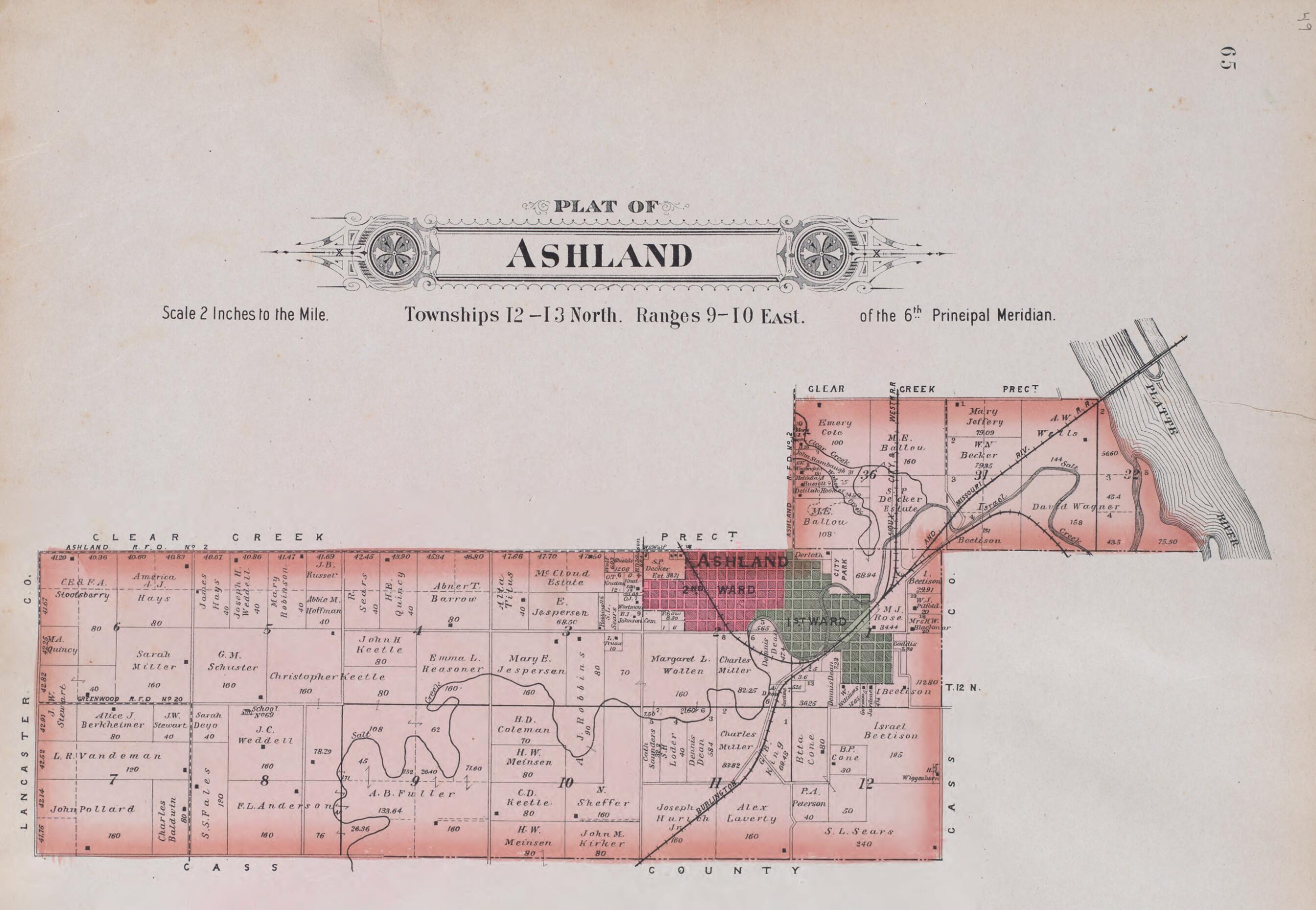 This old map of Ashland from Plat Book of Saunders County, Nebraska from 1907 was created by Brown-Scoville Publishing Company in 1907