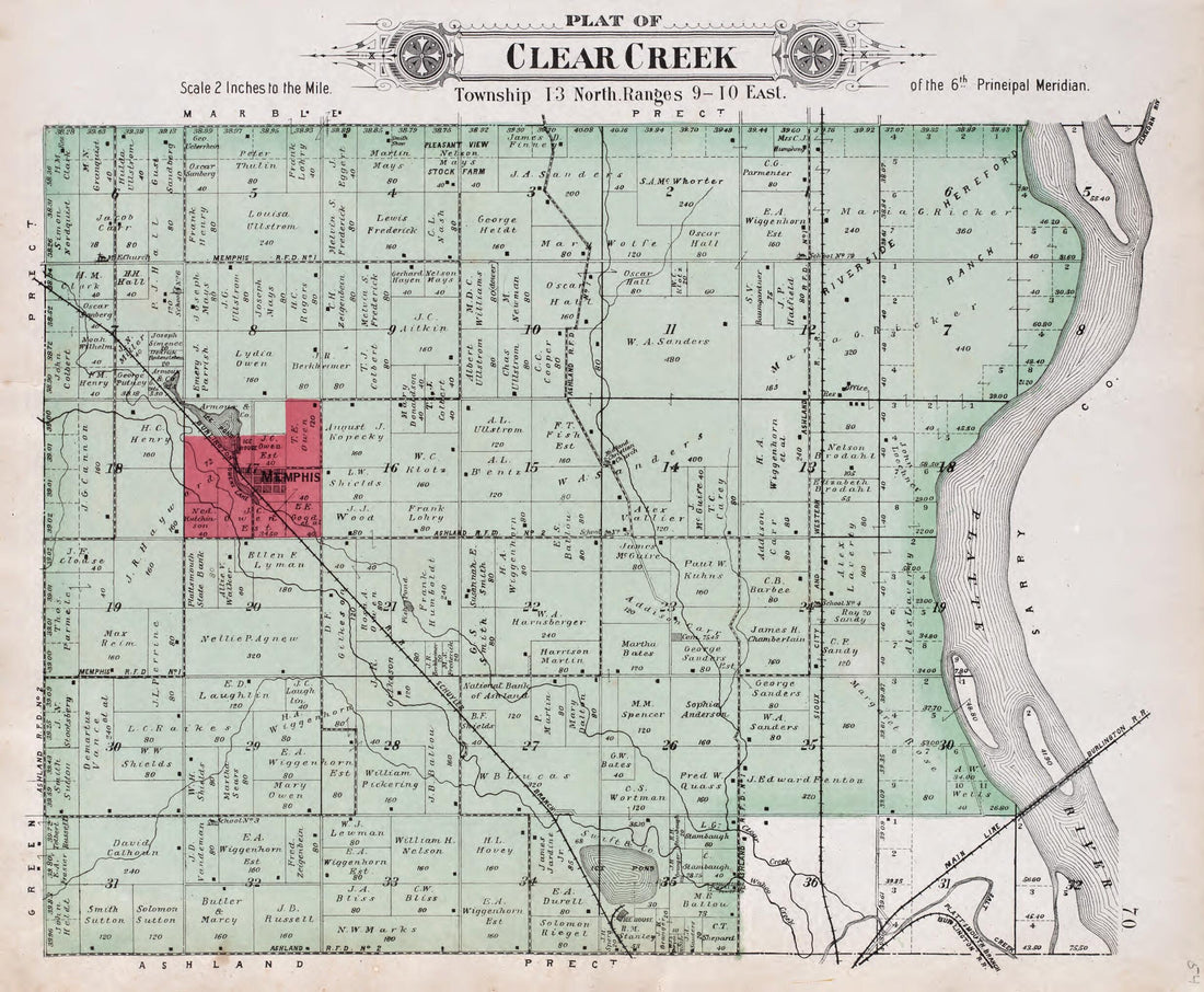 This old map of Clear Creek from Plat Book of Saunders County, Nebraska from 1907 was created by Brown-Scoville Publishing Company in 1907