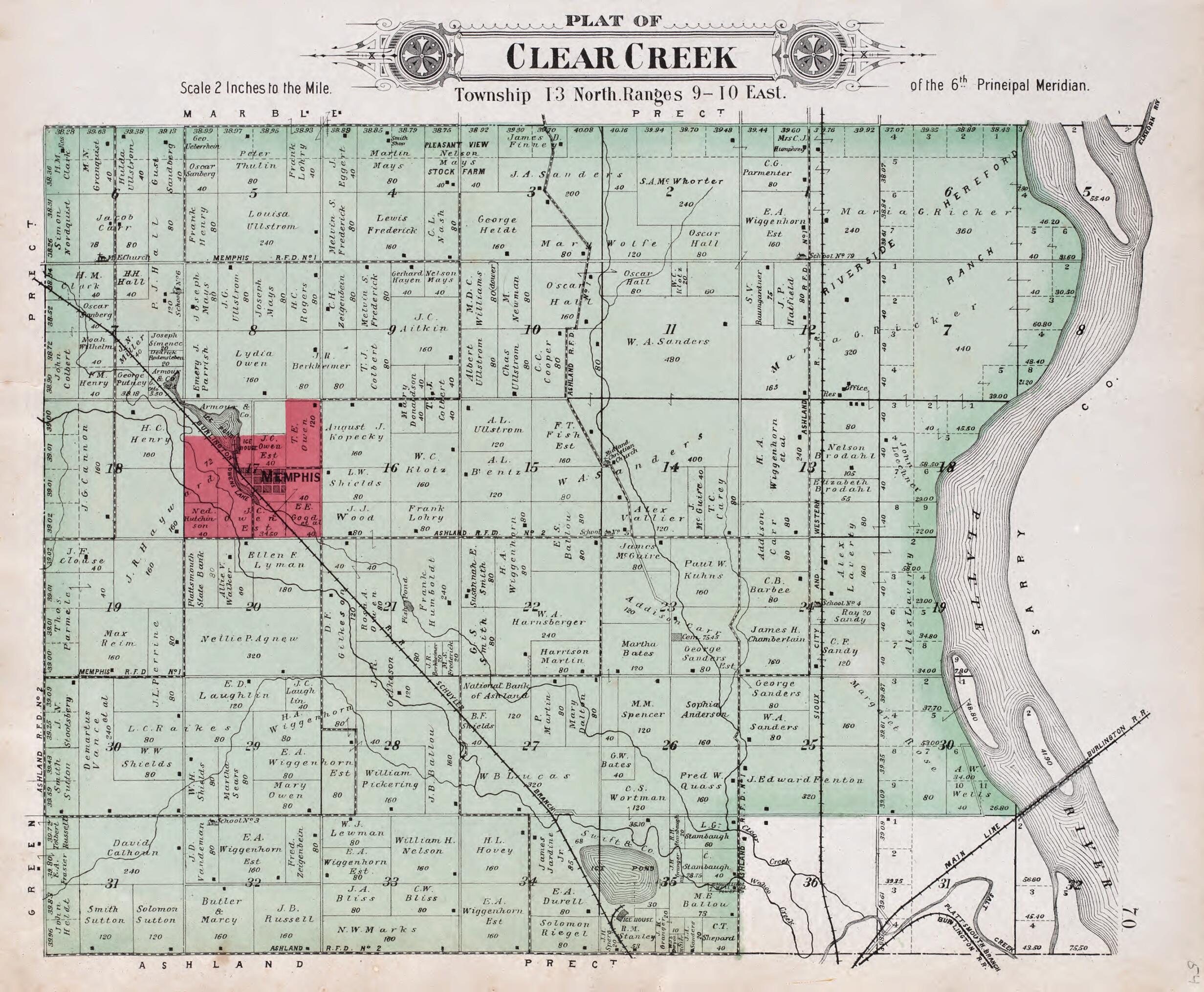 This old map of Clear Creek from Plat Book of Saunders County, Nebraska from 1907 was created by Brown-Scoville Publishing Company in 1907
