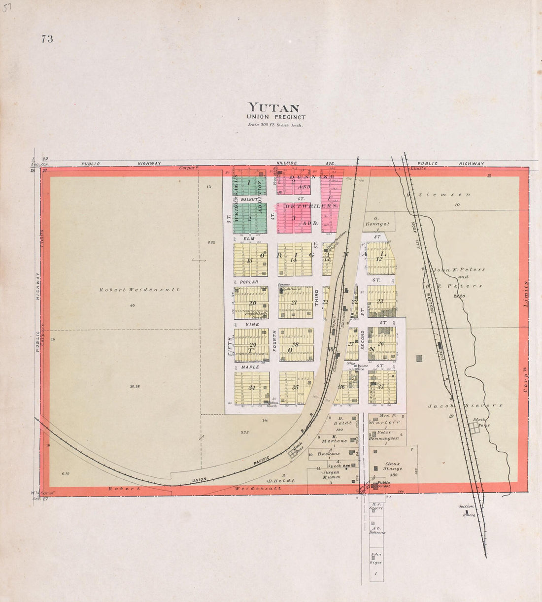 This old map of Yutan from Plat Book of Saunders County, Nebraska from 1907 was created by Brown-Scoville Publishing Company in 1907
