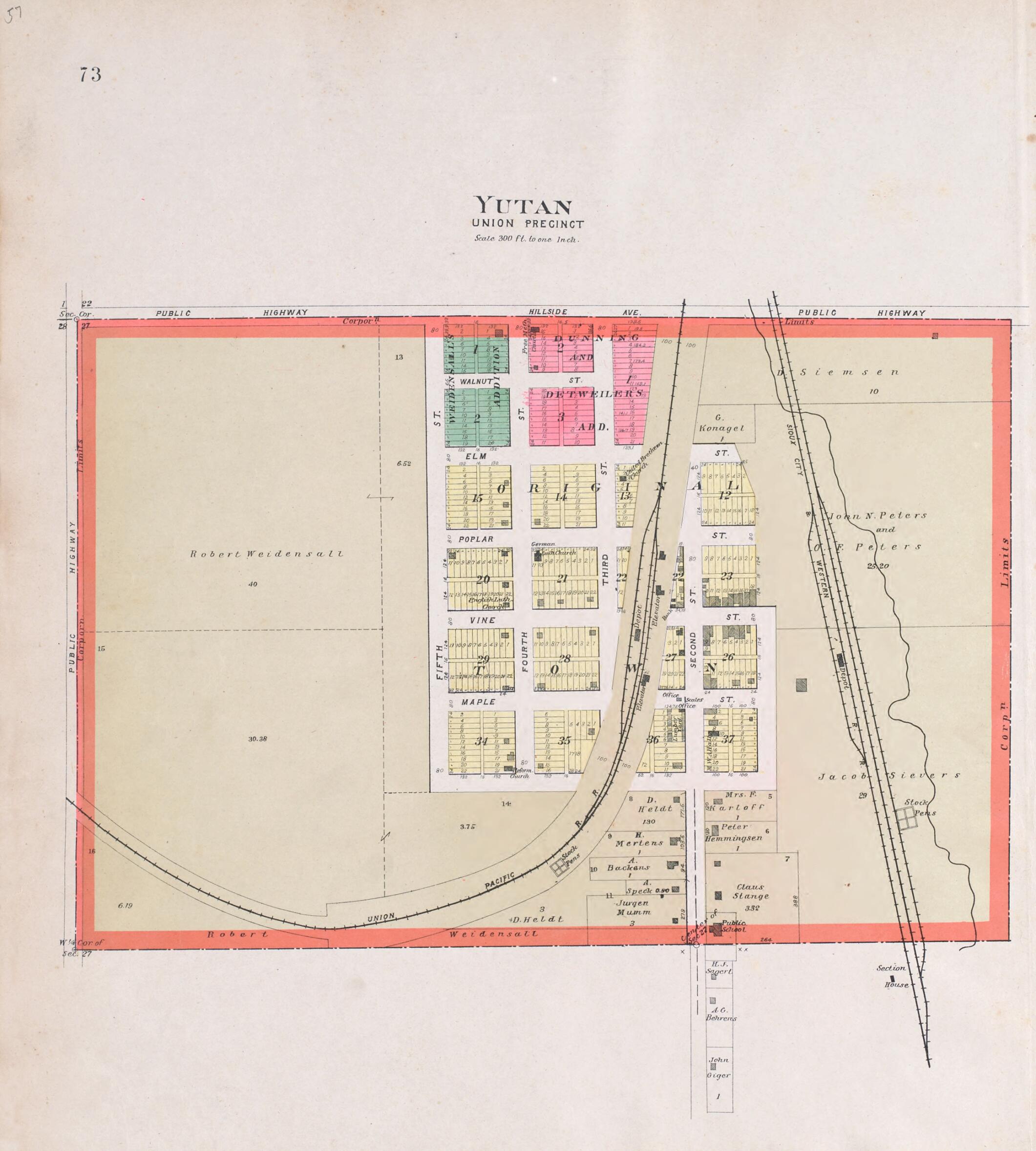 This old map of Yutan from Plat Book of Saunders County, Nebraska from 1907 was created by Brown-Scoville Publishing Company in 1907