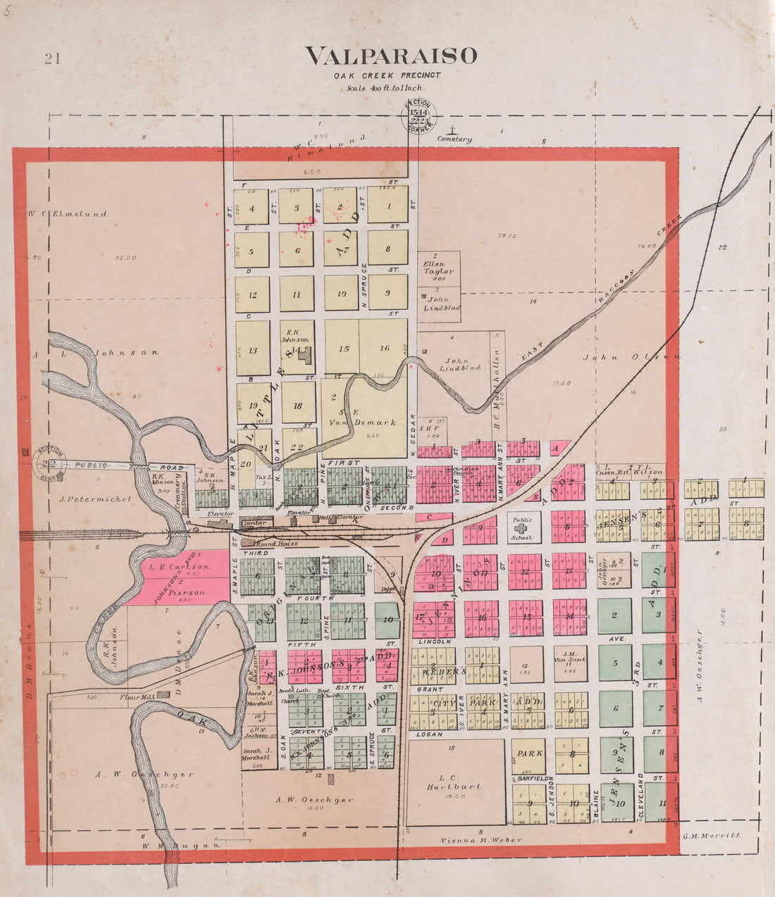 This old map of Valparaiso, Oak Creek Precinct from Plat Book of Saunders County, Nebraska from 1907 was created by Brown-Scoville Publishing Company in 1907