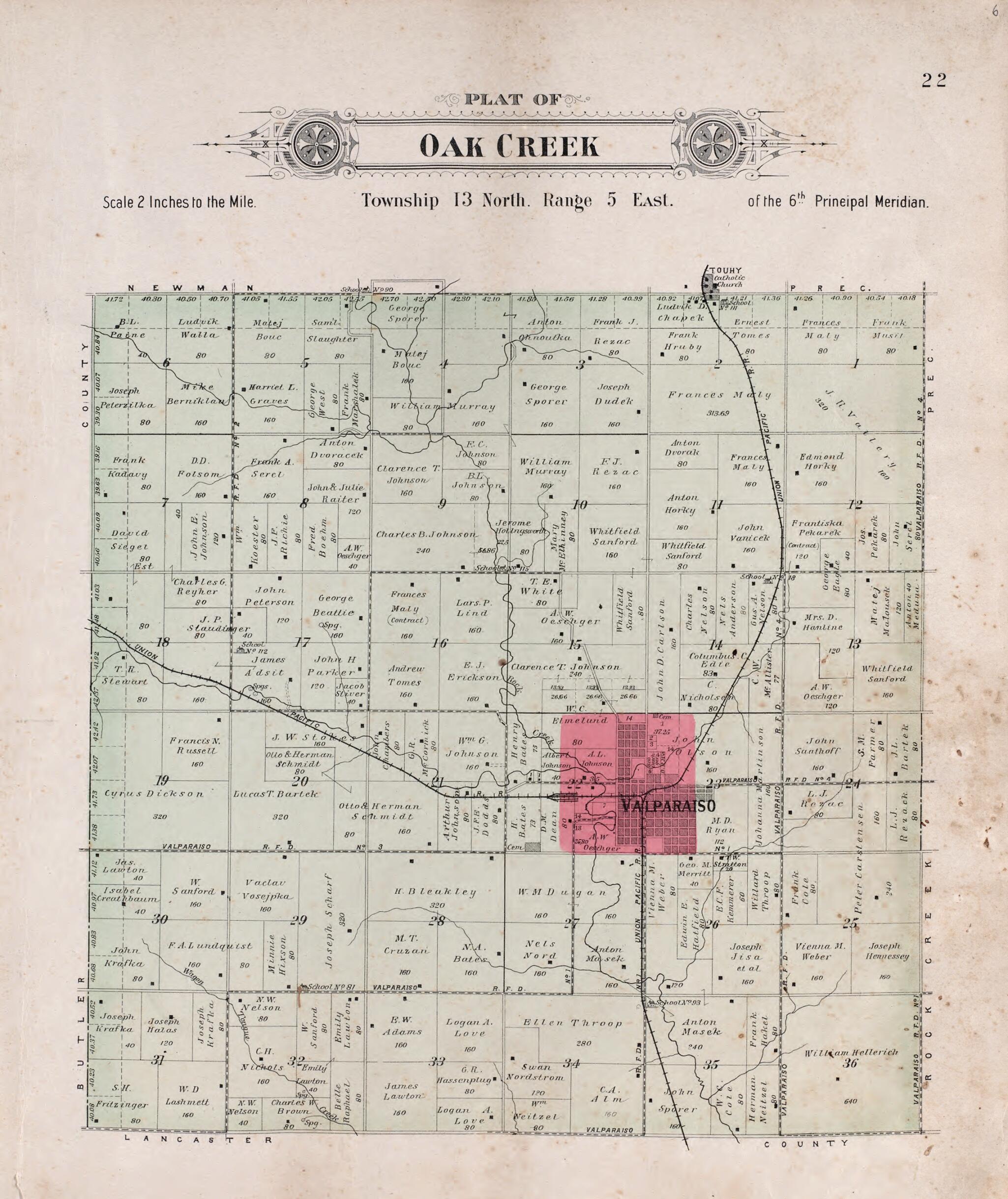 This old map of Oak Creek from Plat Book of Saunders County, Nebraska from 1907 was created by Brown-Scoville Publishing Company in 1907