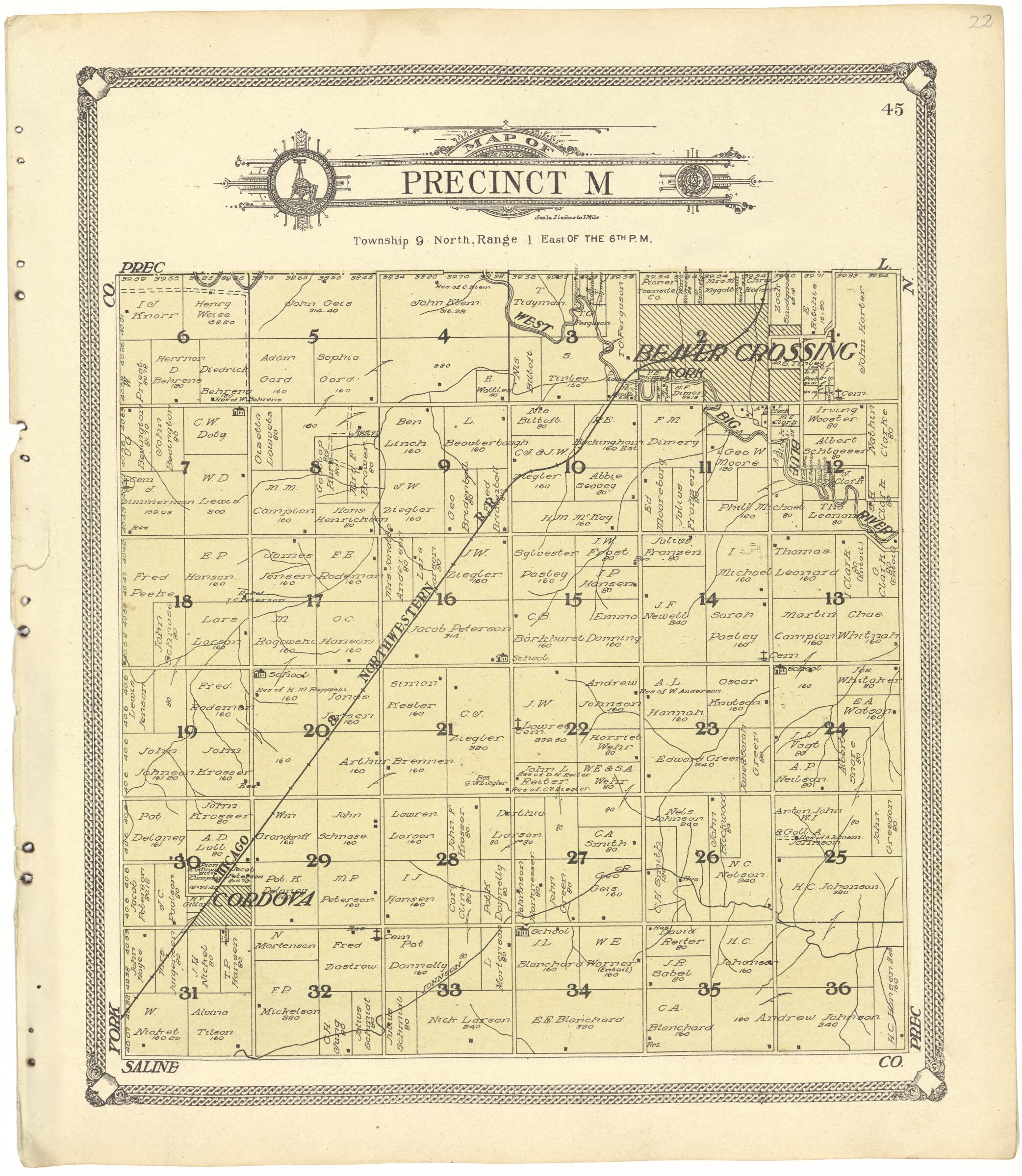 This old map of Map of Precinct M from Standard Atlas of Seward County, Nebraska from 1908 was created by Alden Publishing Co in 1908