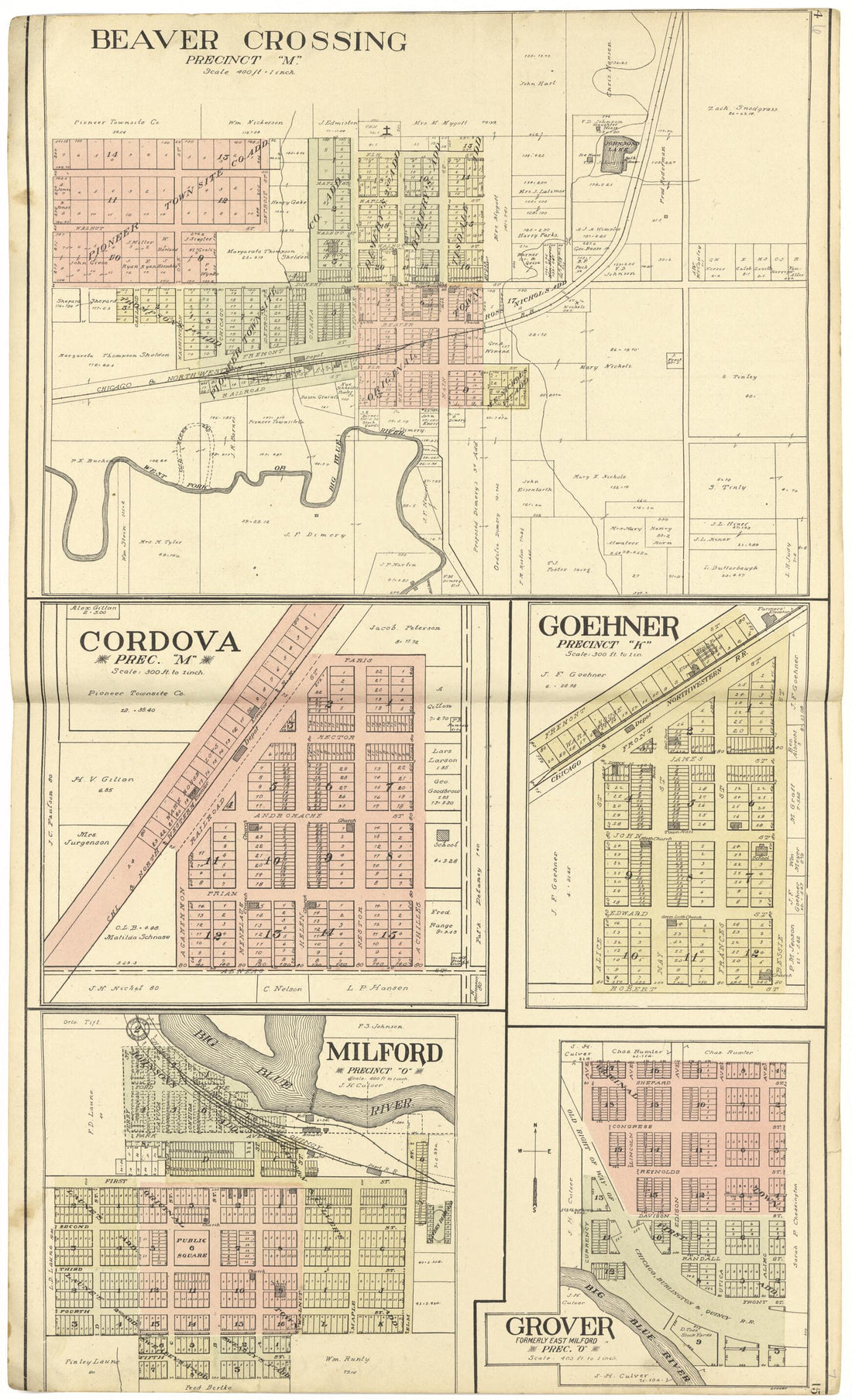 This old map of Beaver Crossing; Cordova; Goehner; Milford; Grover from Standard Atlas of Seward County, Nebraska from 1908 was created by Alden Publishing Co in 1908