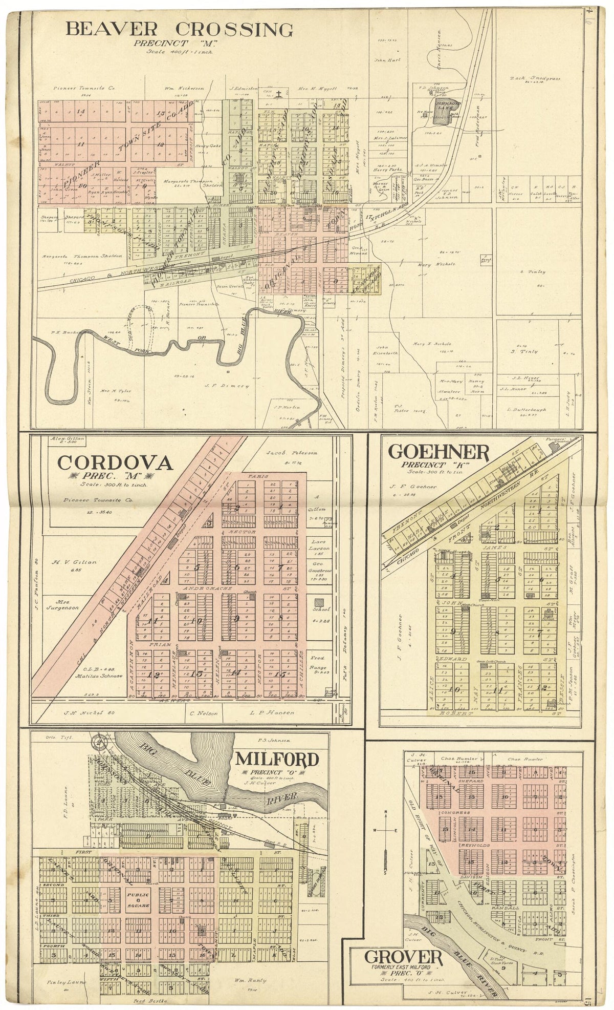 Beaver Crossing; Cordova; Goehner; Milford; Grover from Standard Atlas of Seward County, Nebraska 1908 by Relic Map Company