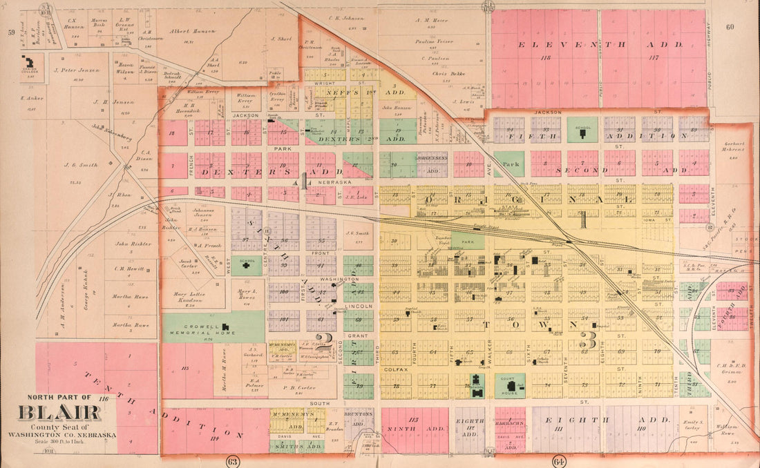 This old map of Blair, North Part from Plat Book of Washington County, Nebraska from 1908 was created by Albert Volk in 1908